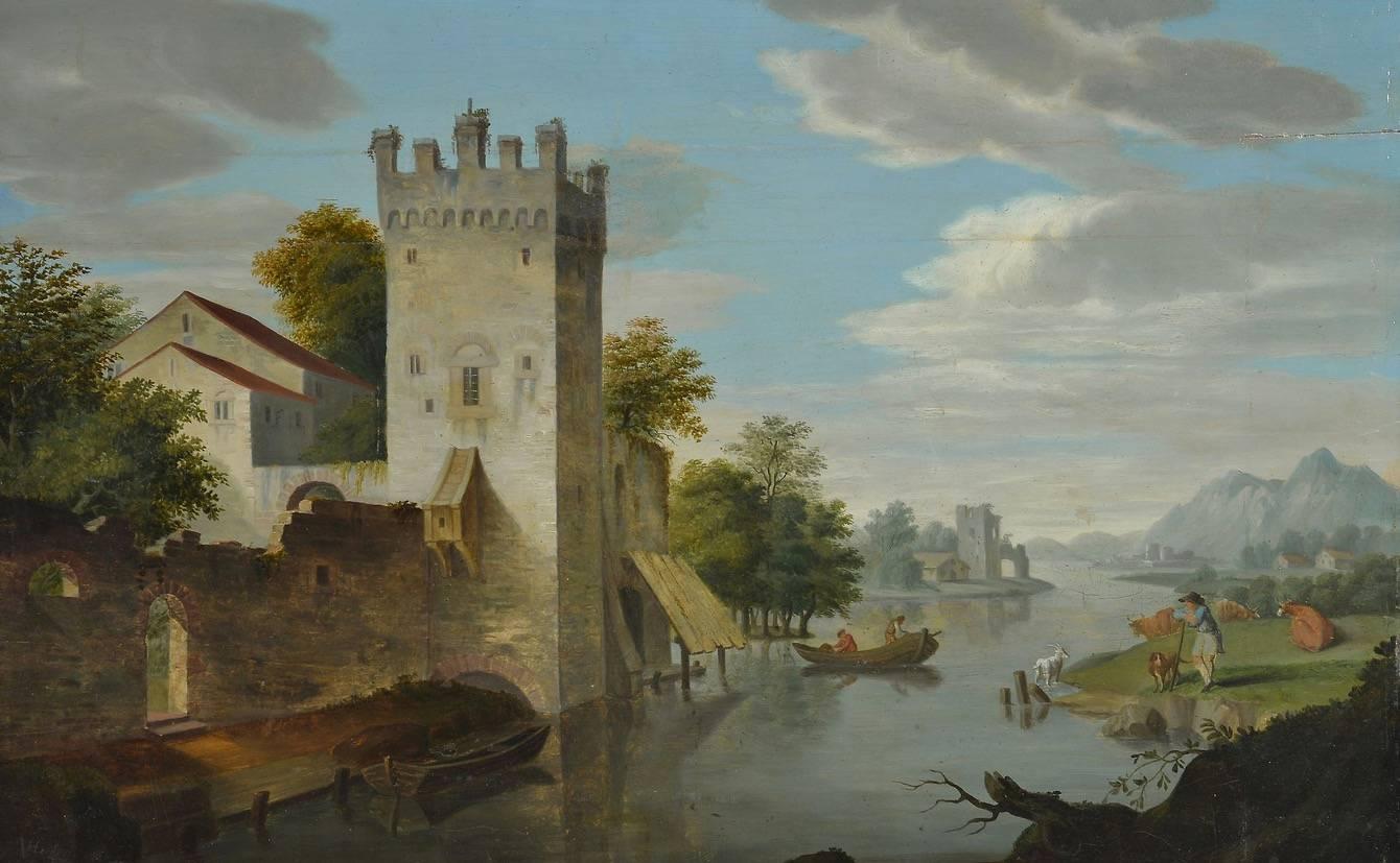 Johann Joseph Hartmann Landscape Painting - Swiss River Landscape with Castle, oil painting on panel