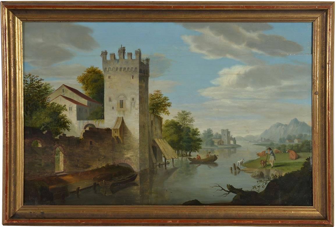Swiss River Landscape with Castle, oil painting on panel - Painting by Johann Joseph Hartmann