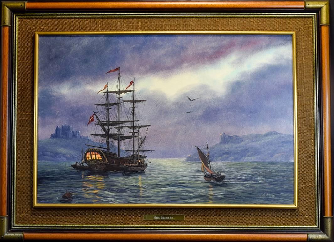 Safe Anchorage Spanish Galleon under Moonlight - Painting by Keith Sutton