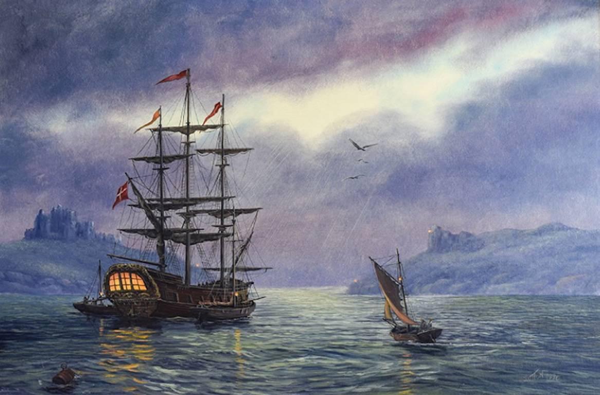 Keith Sutton Landscape Painting - Safe Anchorage Spanish Galleon under Moonlight