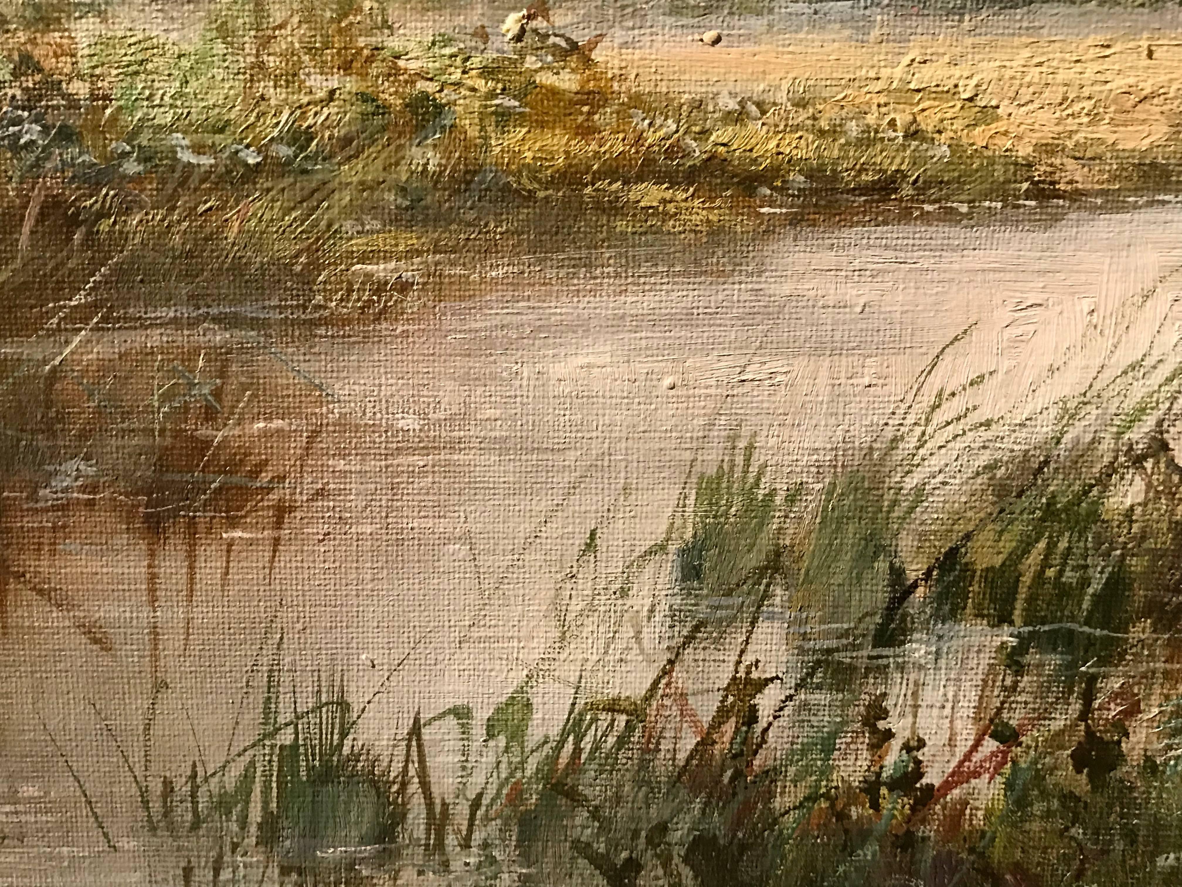 River Landscape
by Daniel Sherrin (1868-1940) 
signed with pseudonym, L. Richards
oil painting on canvas, framed

canvas: 16 x 24 inches 
framed: 21 x 29 inches

Very fine antique English oil painting on canvas by the well listed and popular British