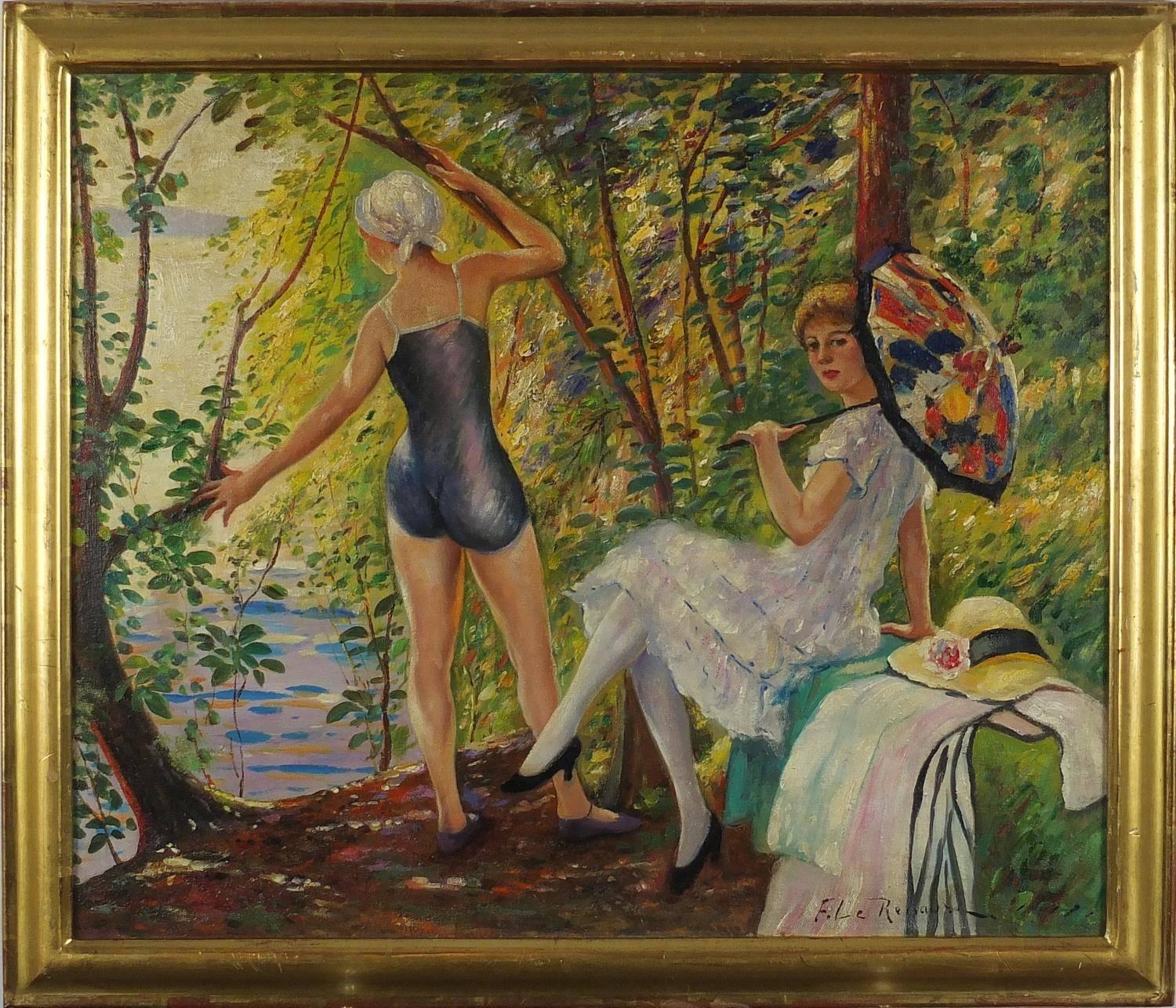 Elegant Ladies Bathing by River, French Impressionist Signed Oil Painting - Brown Figurative Painting by Unknown