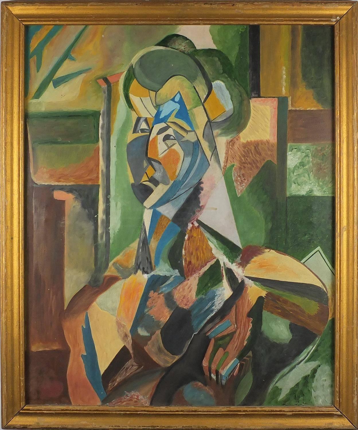 Femme Assise Cubist Portrait after Picasso - Painting by Alfred Challier