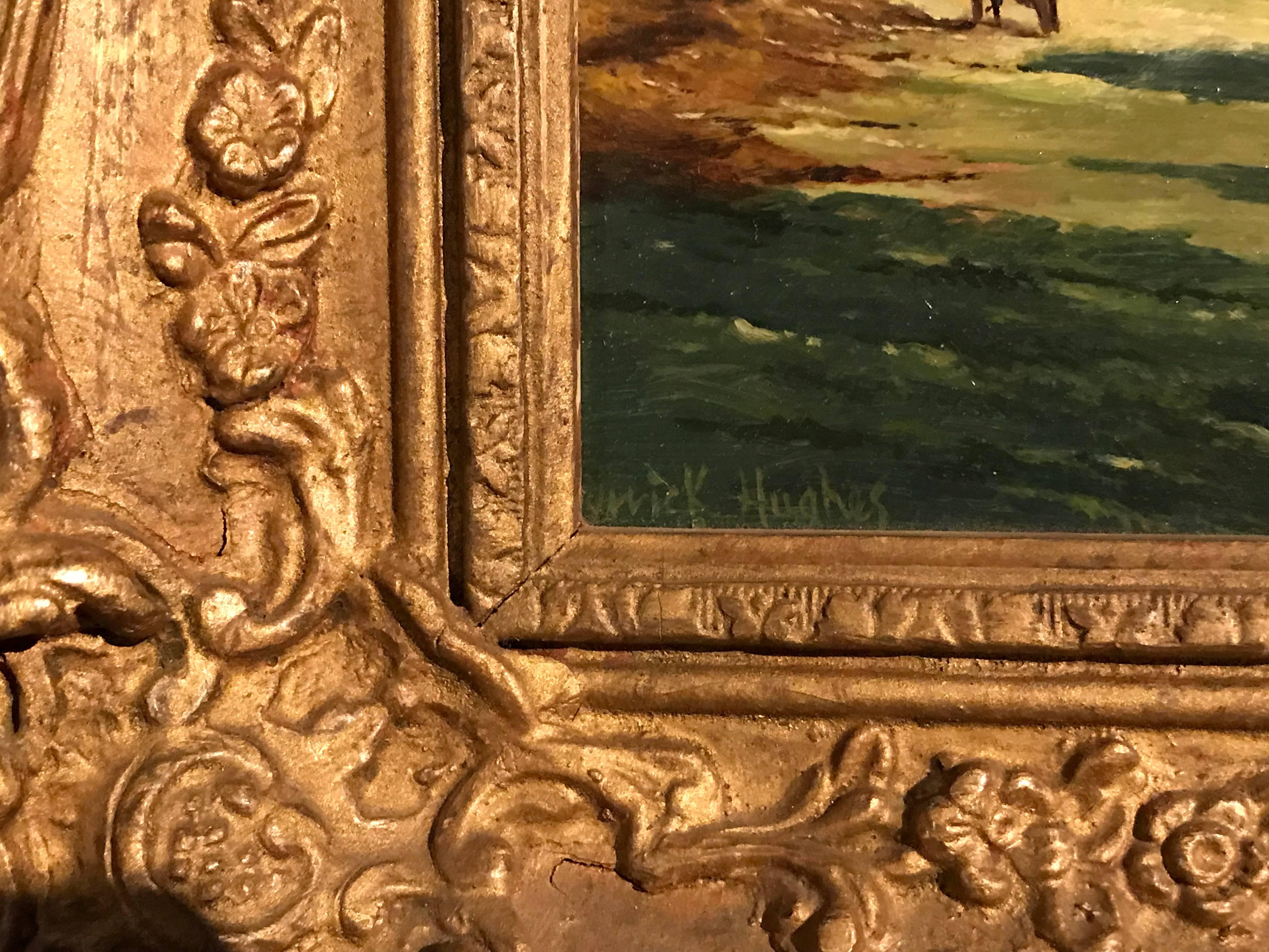 Sketch of Hall Farm
by Derrick Hughes, British 20th century
oil painting on board, framed

framed: 9.75 x 11.5 inches

Lovely traditional oil painting by the 20th century British artist, Derrick Hughes (signed lower left). Beautifully capturing this