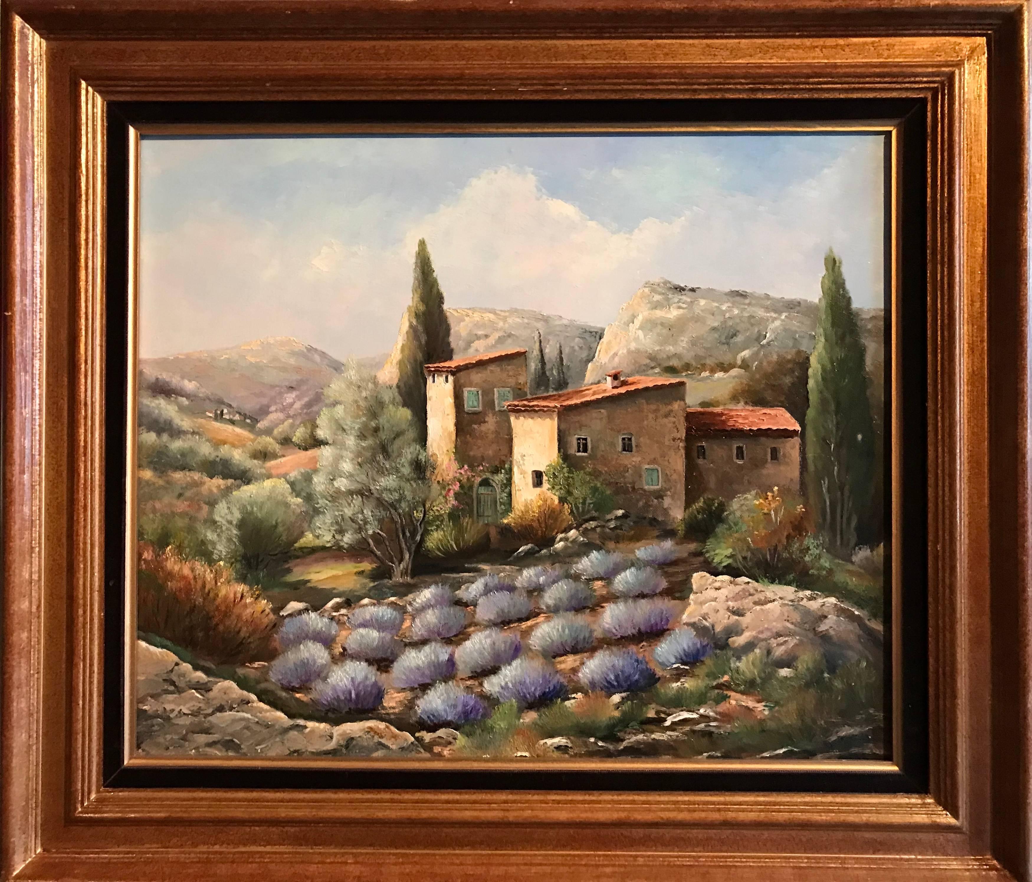 Peinture à l'huile française, champs de lavande en Provence - Painting de Unknown