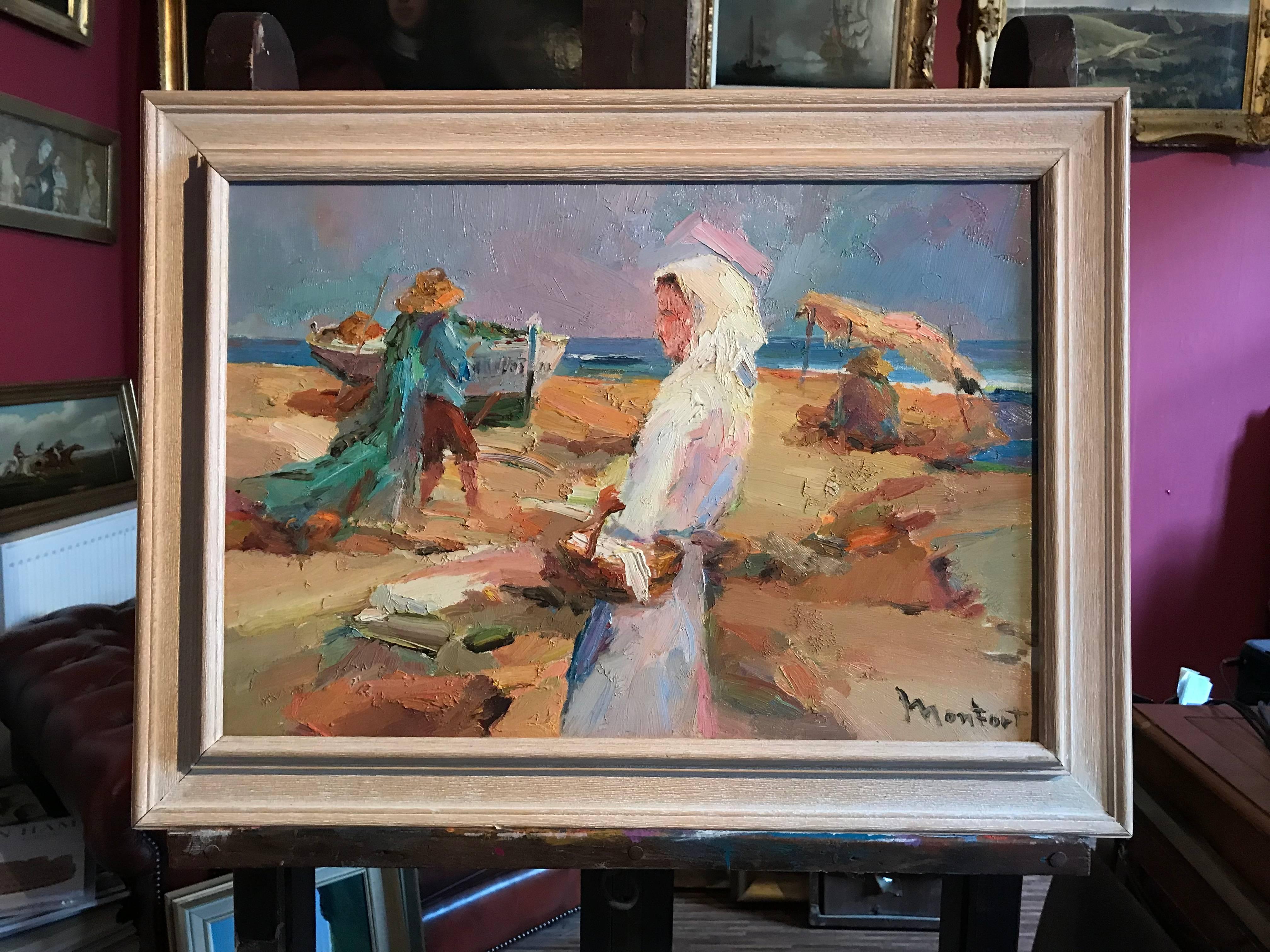 French Impressionist Signed Oil - Figures on Beach - Painting by Unknown