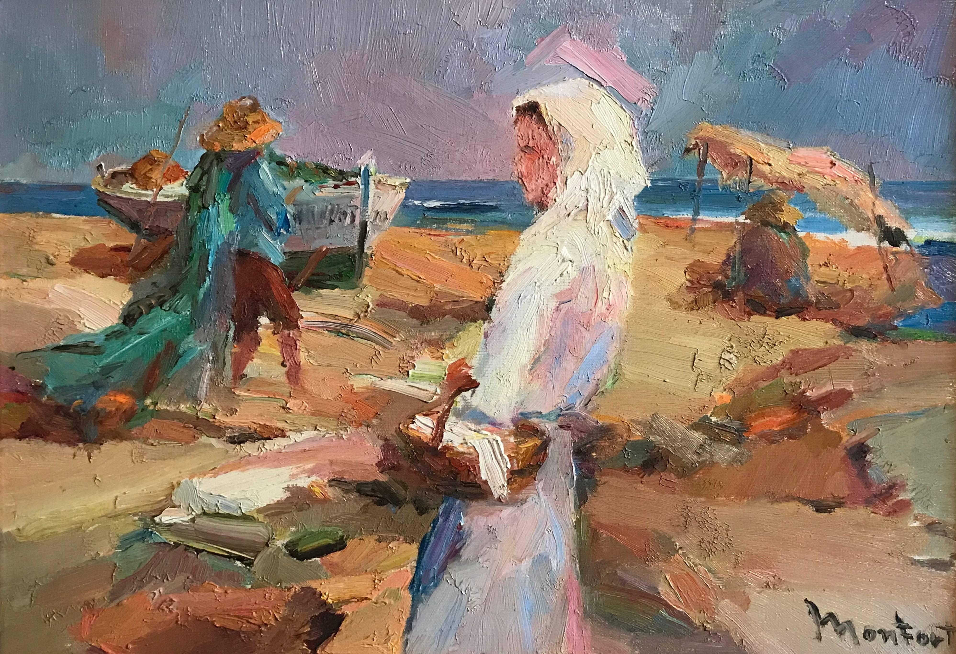 Unknown Landscape Painting - French Impressionist Signed Oil - Figures on Beach