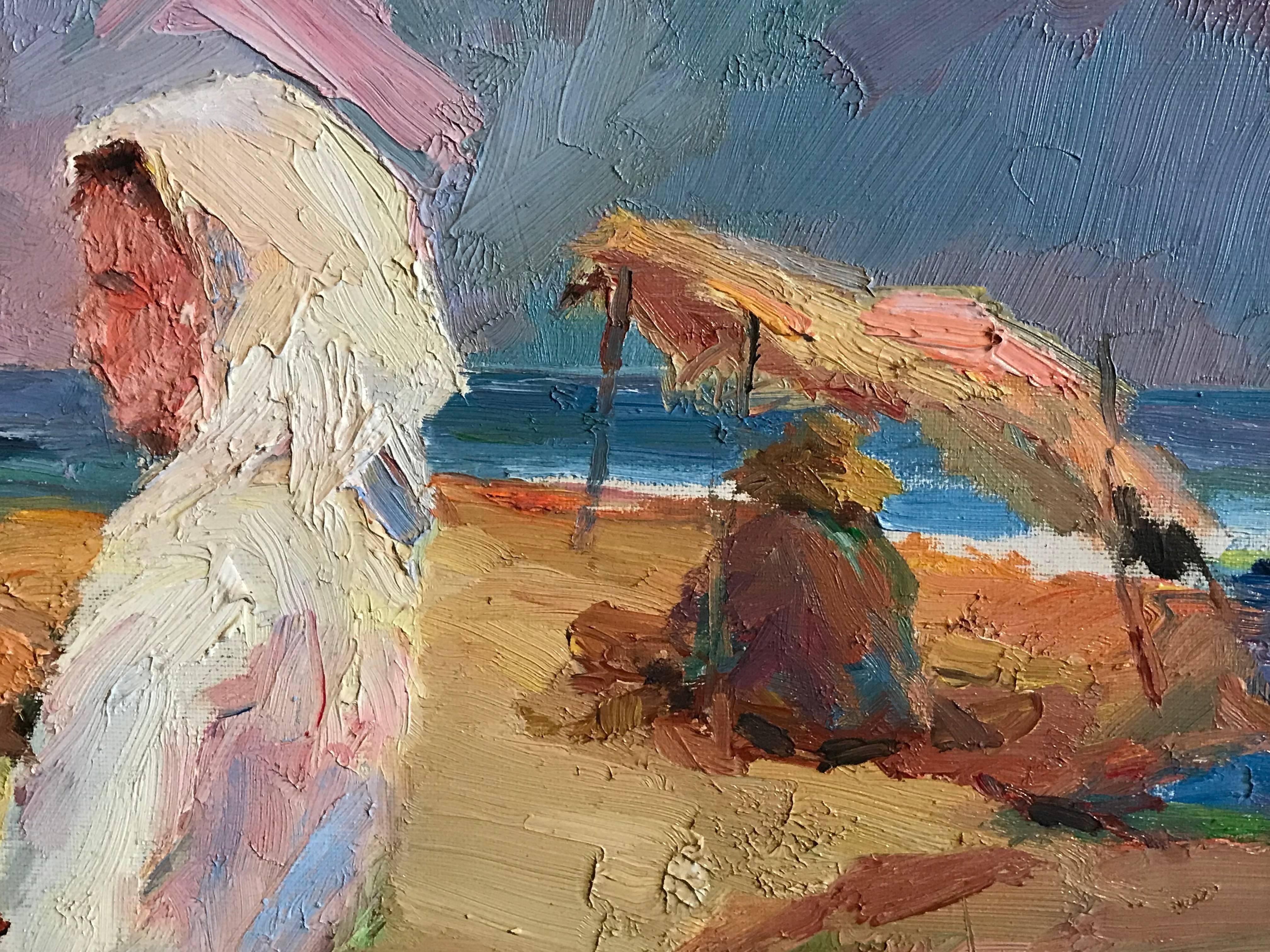 French Impressionist Signed Oil - Figures on Beach 1