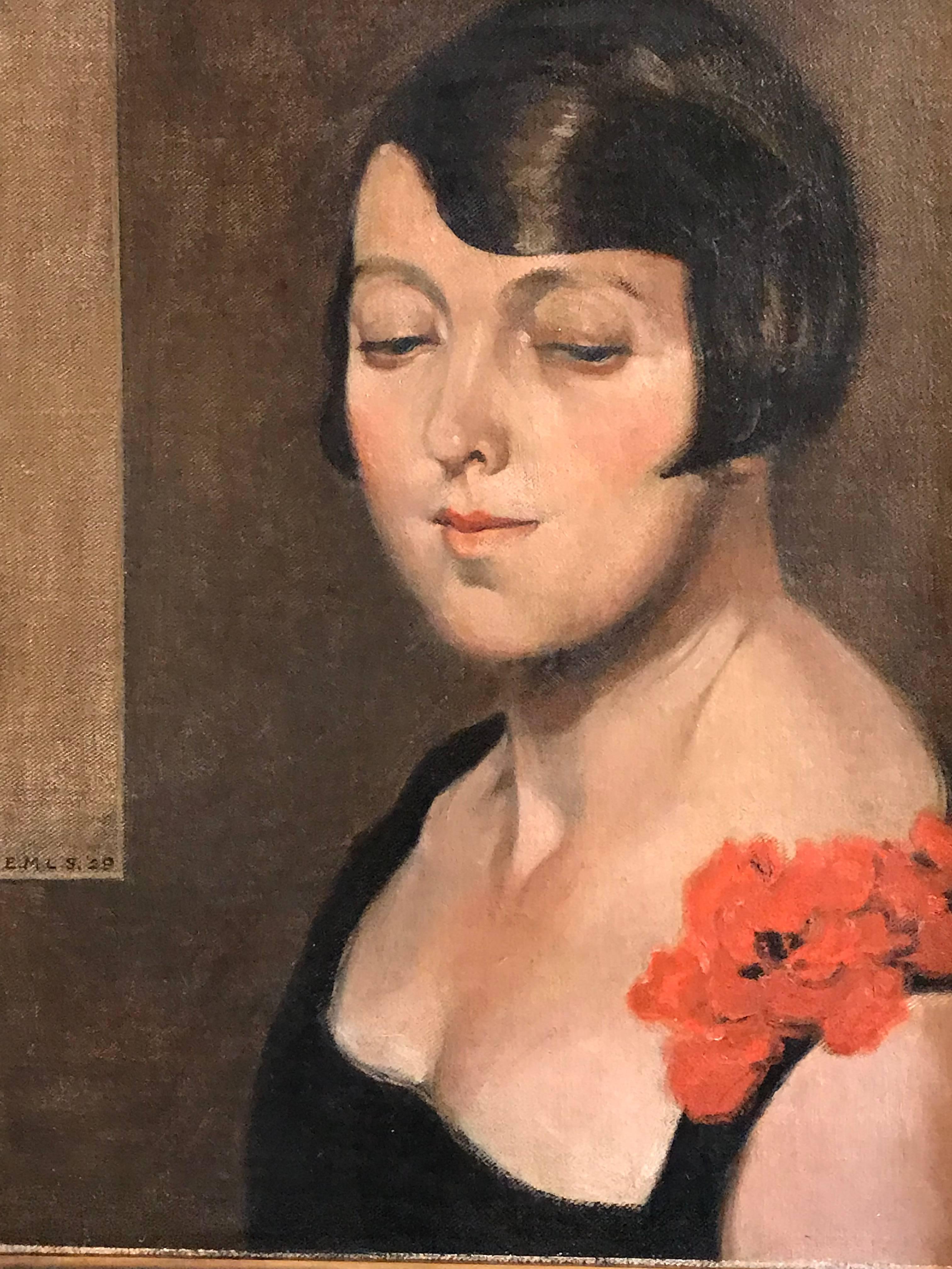 Unknown Portrait Painting - 1920's Flapper Girl Portrait Signed oil painting