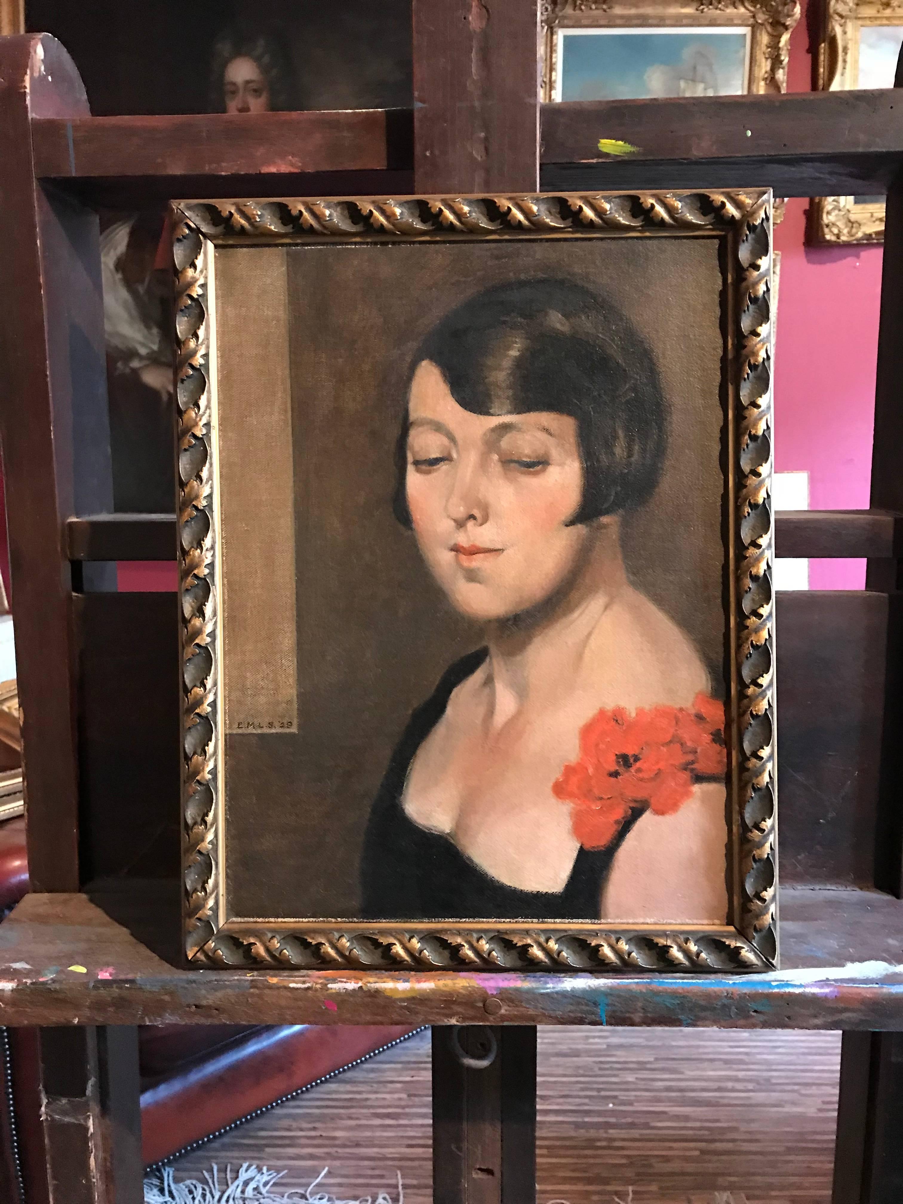 1920's Flapper Girl Portrait Signed oil painting - Painting by Unknown