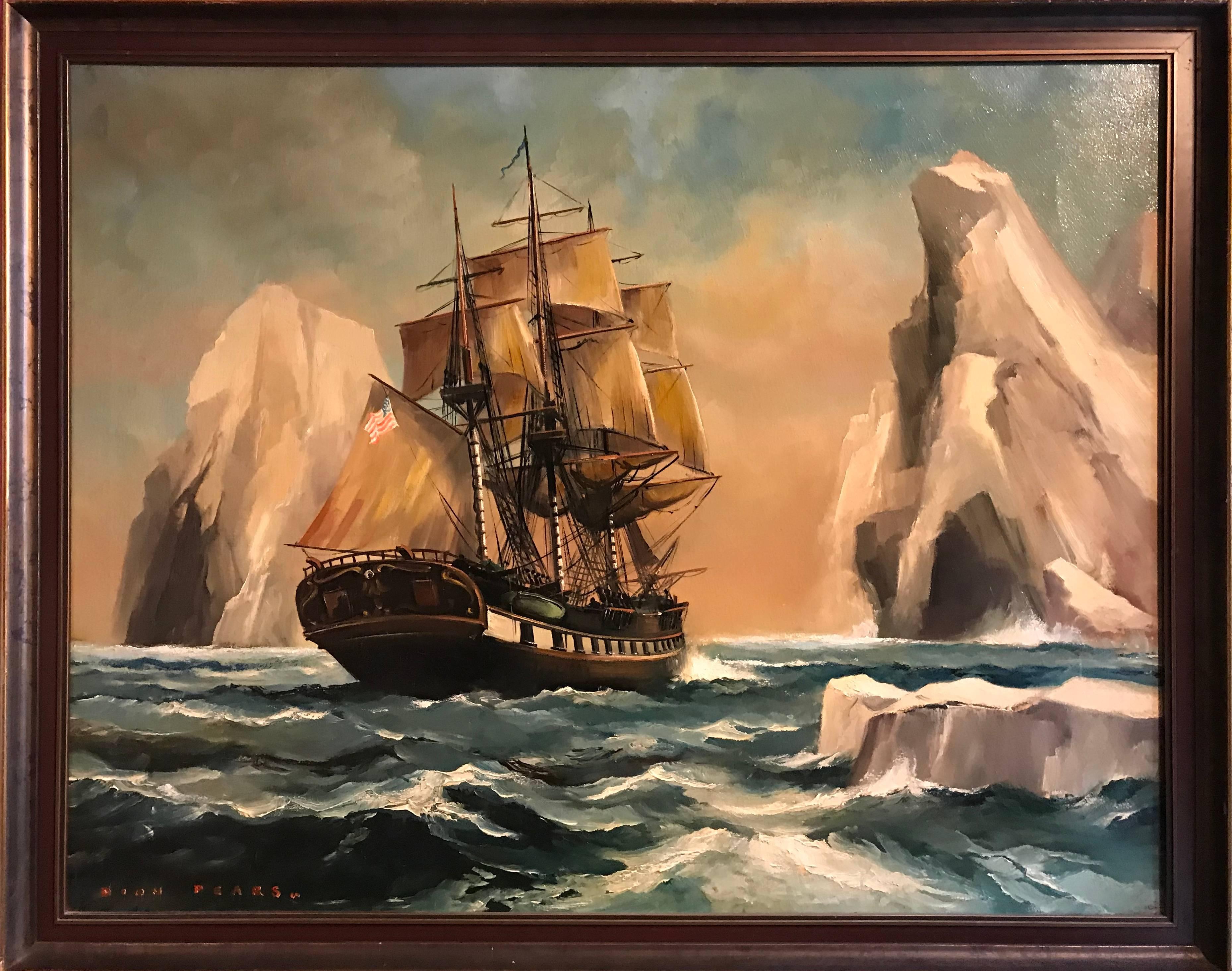 Dion Pears Landscape Painting - American Galleon Iceberg Waters, signed oil painting
