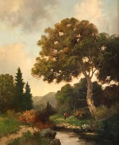 French Barbizon School Oil Painting on Canvas Figure Walking in Lane