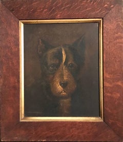The Terrier - Peinture à l
huile de l
école anglaise du 19ème siècle:: cadre en bois de chêne