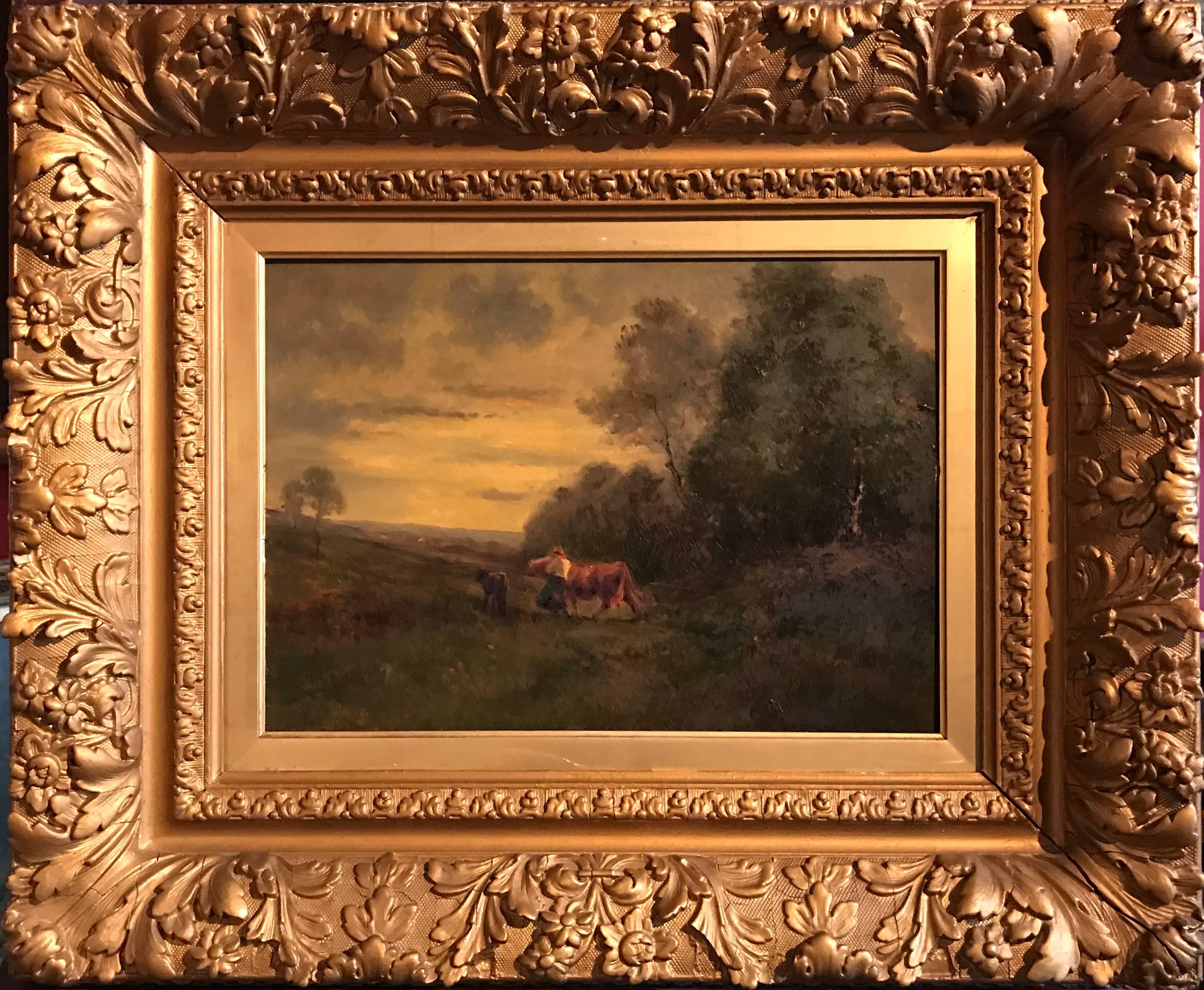 (after) Jean-Baptiste-Camille Corot Landscape Painting - French Barbizon 19th Century Oil Painting on Panel - Period Gilt Frame