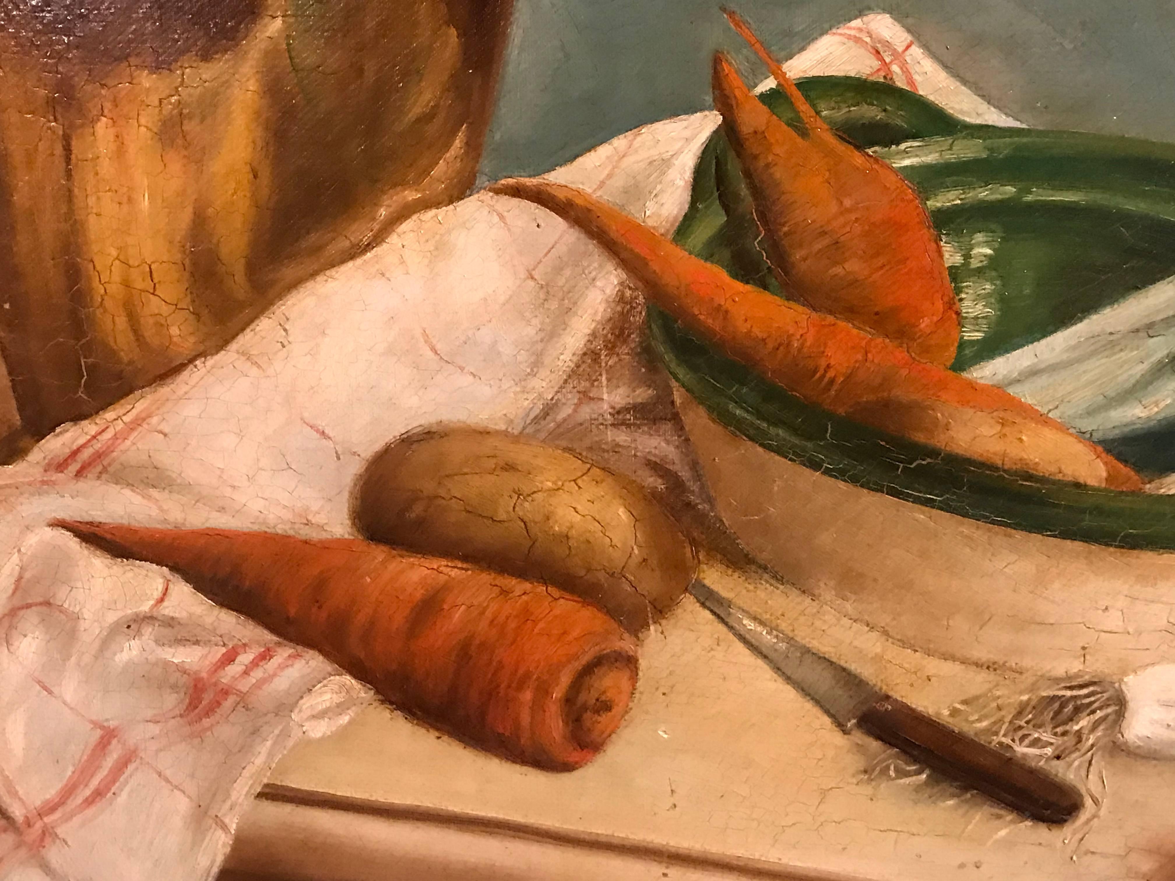 Vintage French Vegetables on Kitchen Table Signed Oil - Brown Still-Life Painting by Unknown