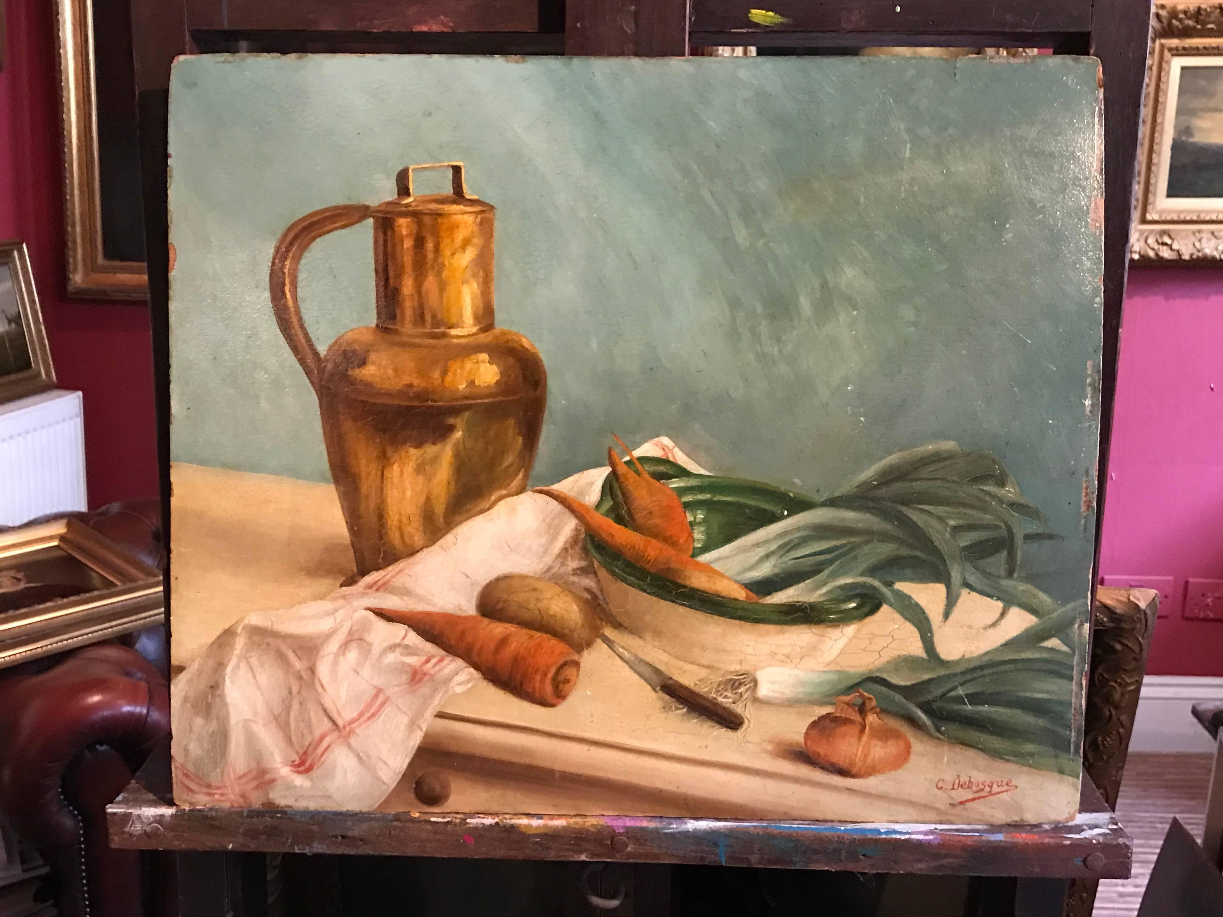 Vintage French Vegetables on Kitchen Table Signed Oil - Painting by Unknown