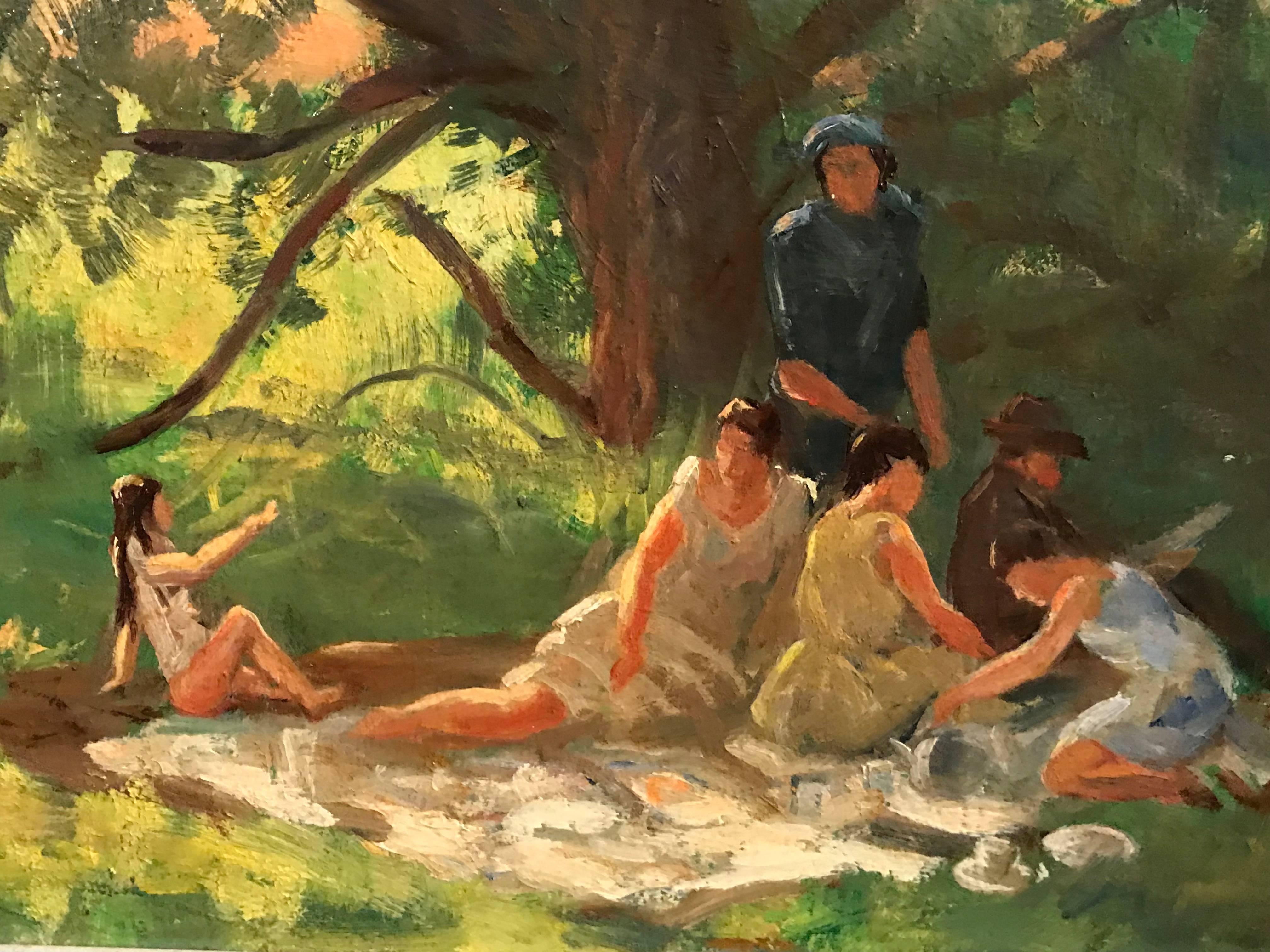 The Picnic
by Alfred Richard Blundell (British 1883-1968)
signed lower right, titled verso, dated 1954
oil painting on board, framed

framed size: 22 x 28 inches

Really lovely original oil painting by the well regarded British Impressionist
