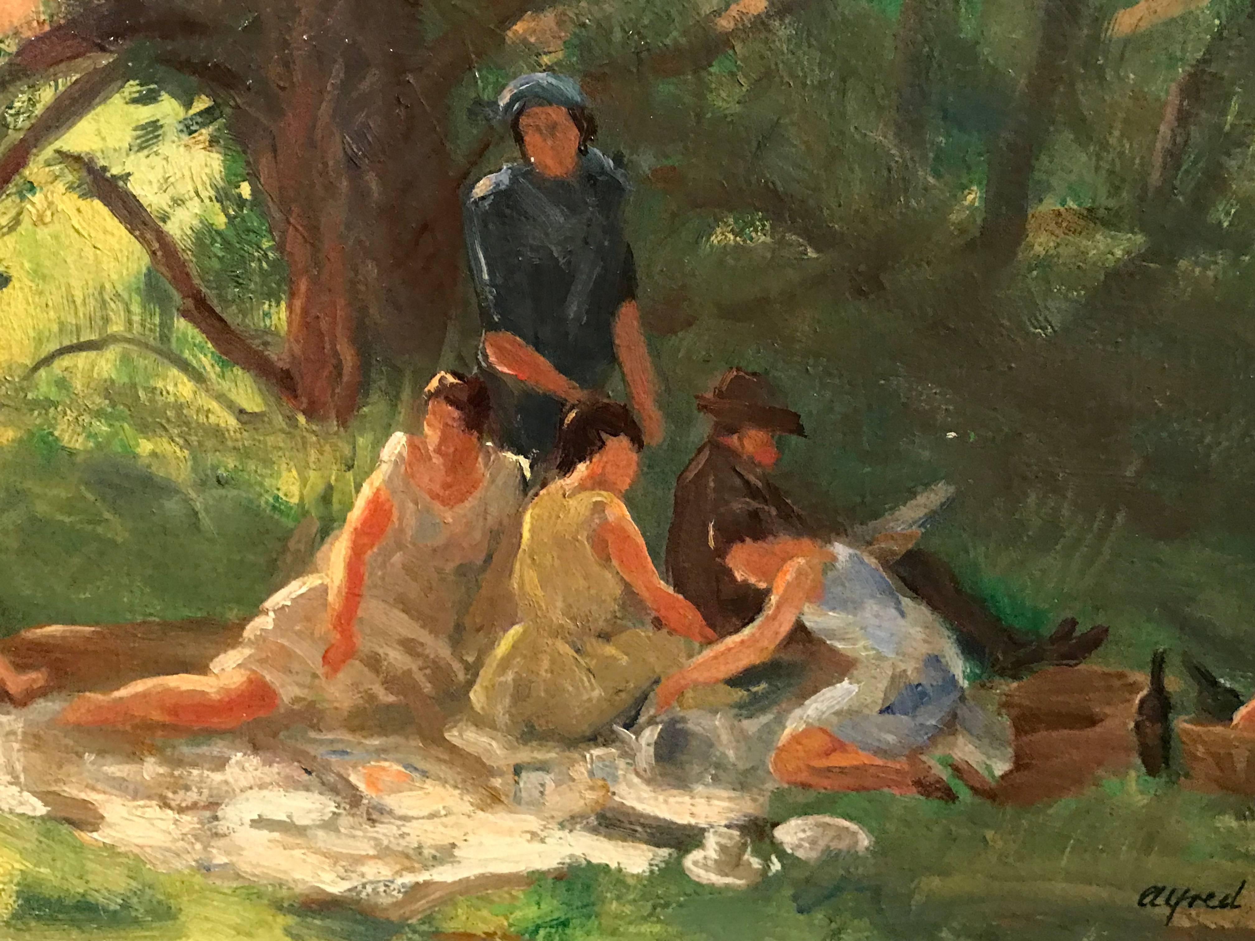 The Picnic, 1950's English Impressionist signed oil painting - Brown Landscape Painting by Alfred Richard Blundell