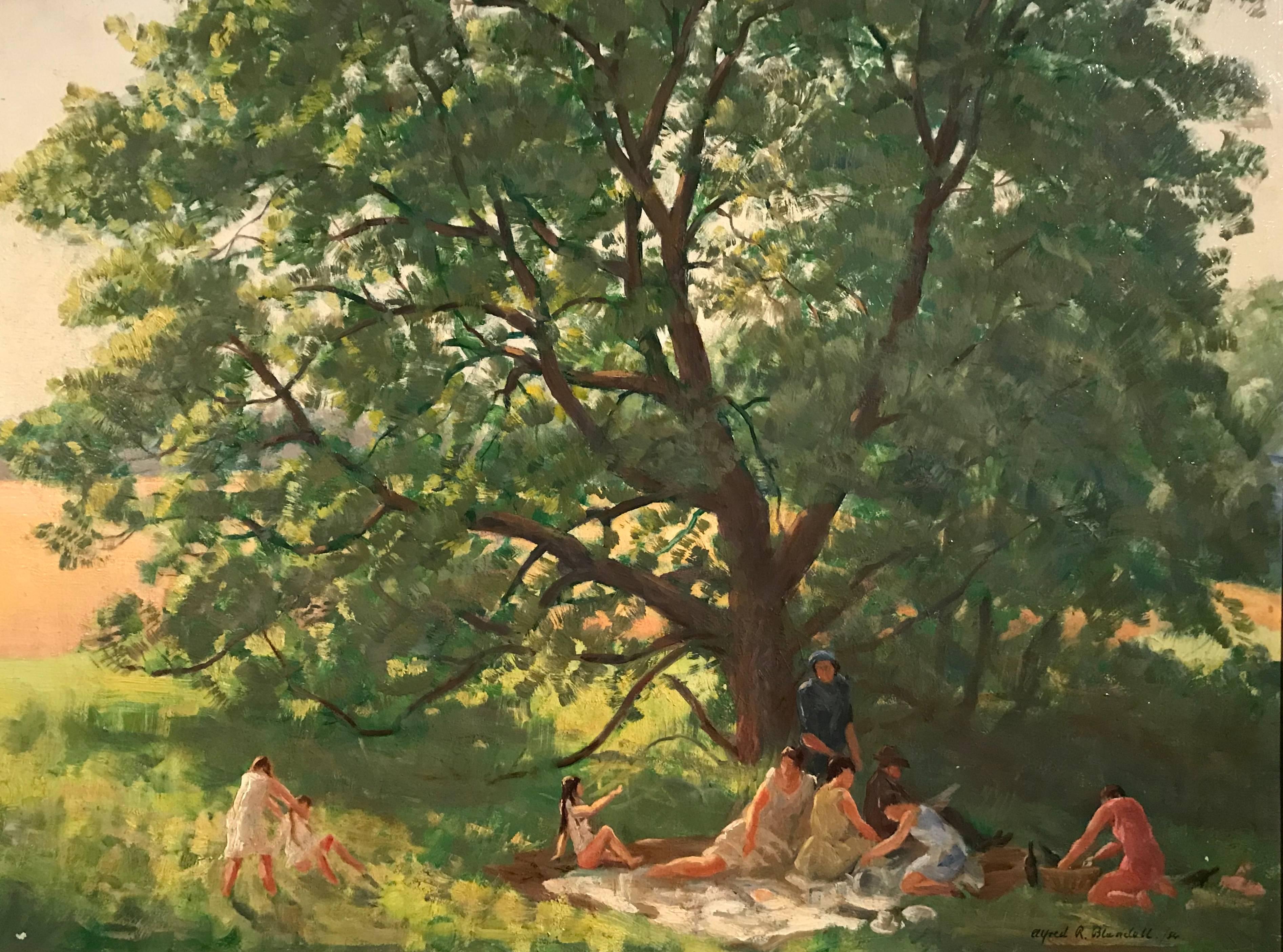 Alfred Richard Blundell Landscape Painting - The Picnic, 1950's English Impressionist signed oil painting