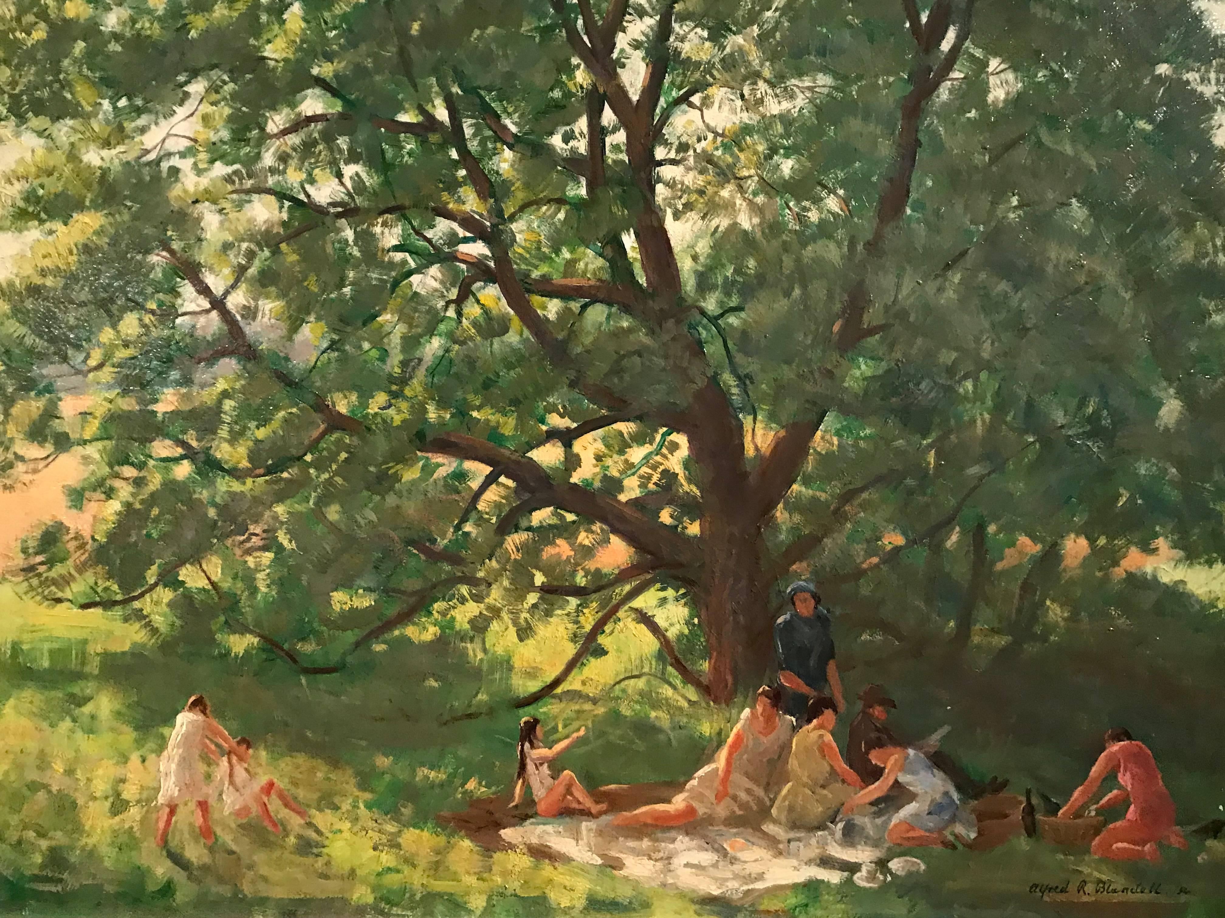 The Picnic, 1950's English Impressionist signed oil painting - Painting by Alfred Richard Blundell