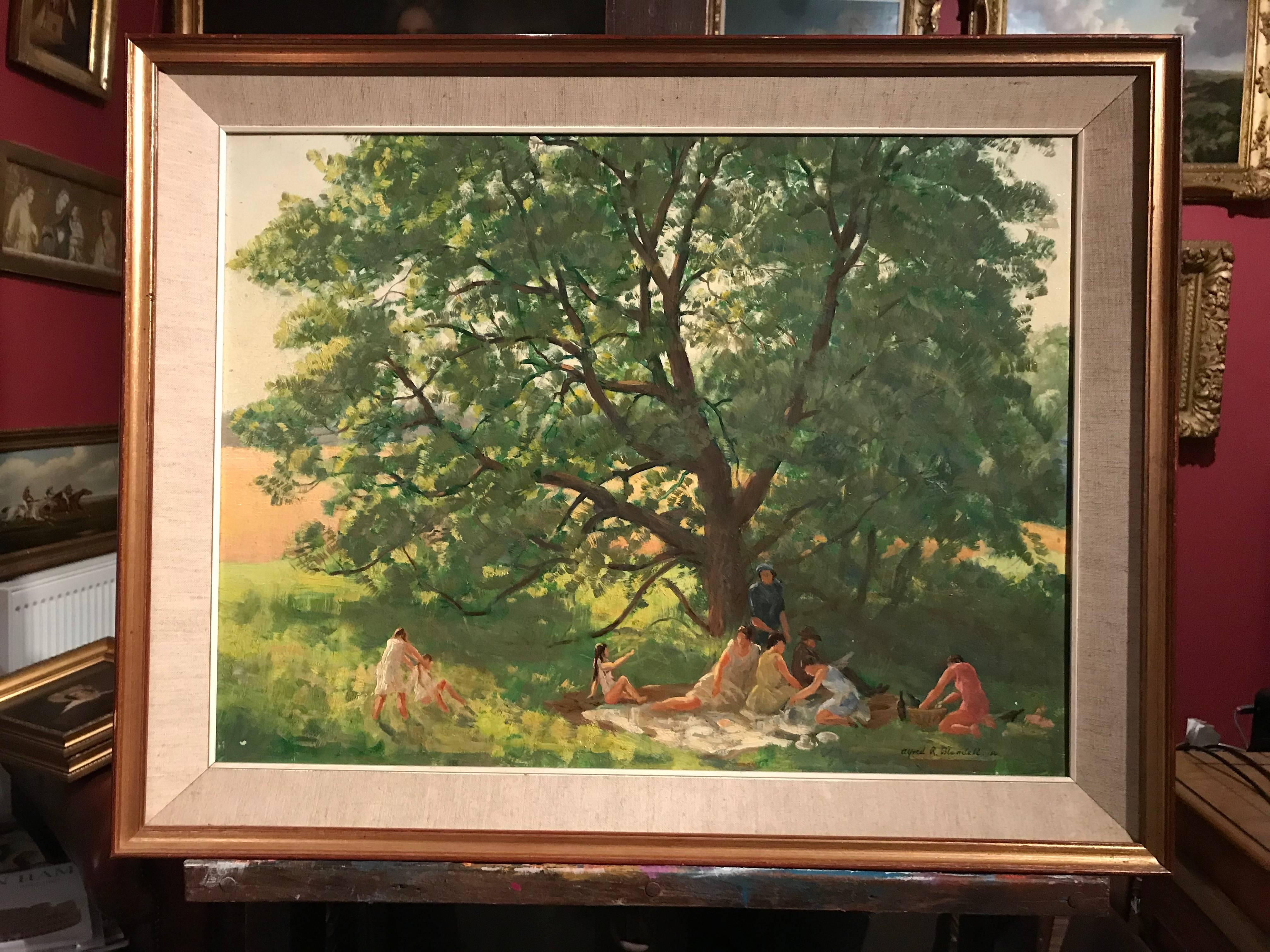 The Picnic, 1950's English Impressionist signed oil painting 3