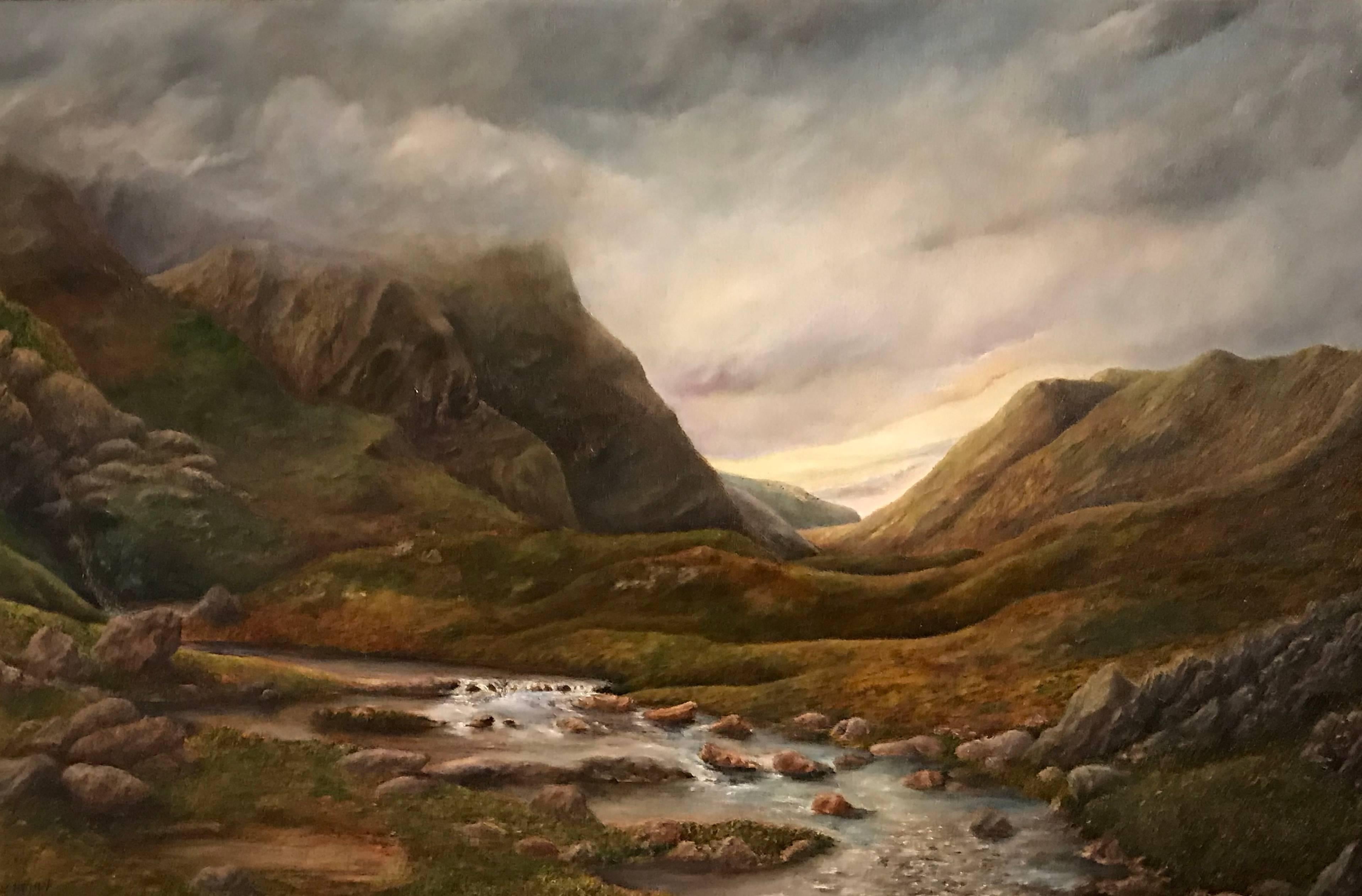 Norman Henly Landscape Painting - Misty Scottish Highlands River Landscape, signed British oil painting