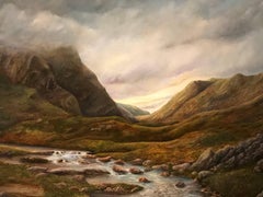 Misty Scottish Highlands River Landscape, signed British oil painting