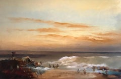 Cote d' Algerie Sunset Coastal Scene, signed oil painting on canvas