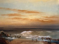 Cote d' Algerie Sunset Coastal Scene, signed oil painting on canvas