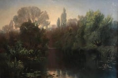 Waterlily Pond at Dusk, Fine Antique British Oil Painting on canvas
