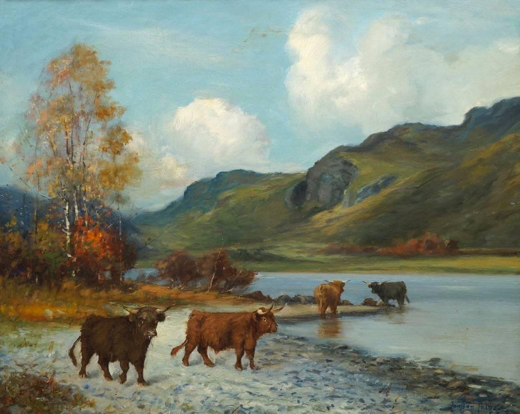 Jameson Lainge Landscape Painting - Catte Watering from the Loch's Waters, signed oil 