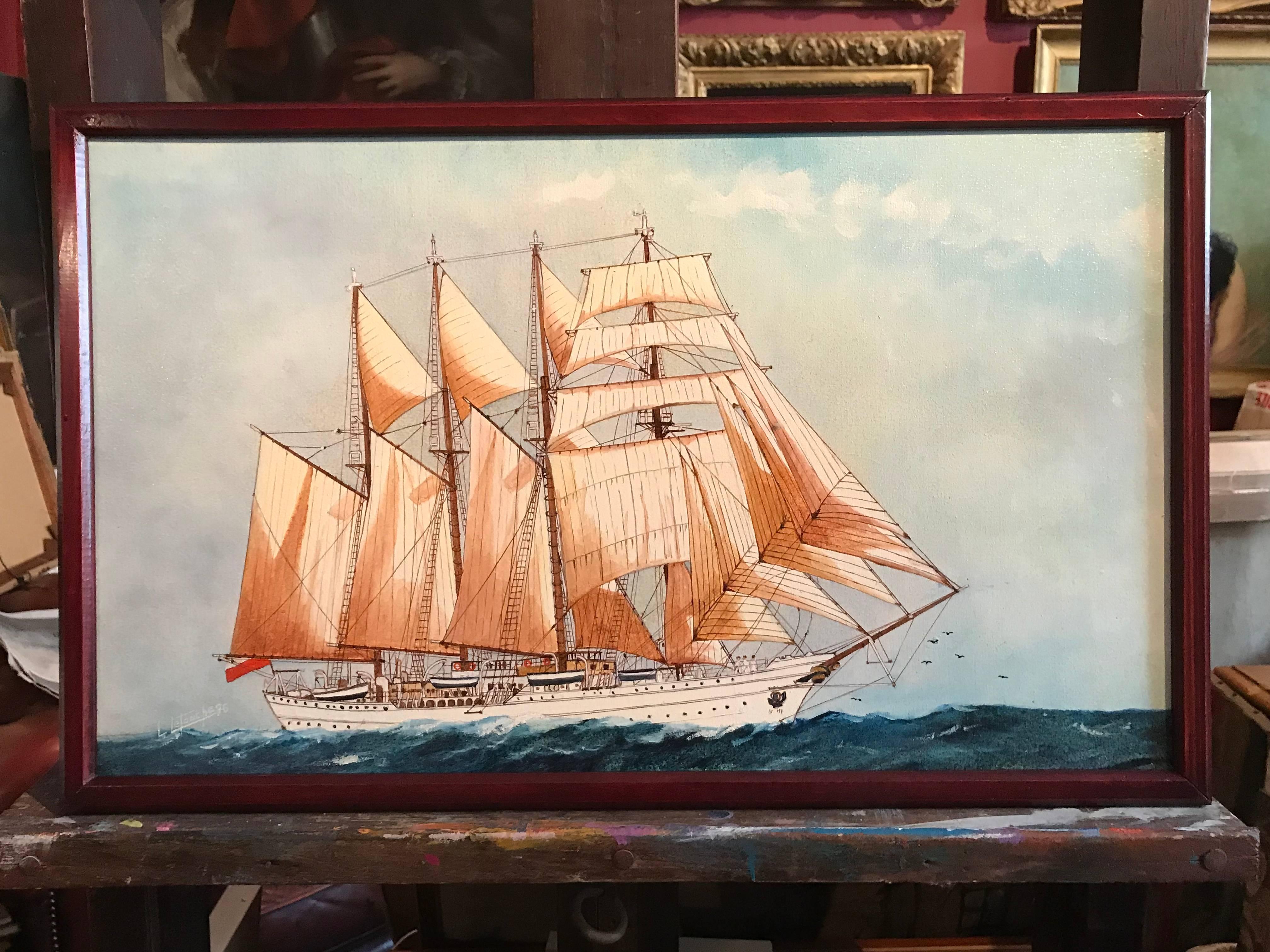 The Esmeralda, Tall Ship of the Chilean Navy - Painting by Louis Letouche