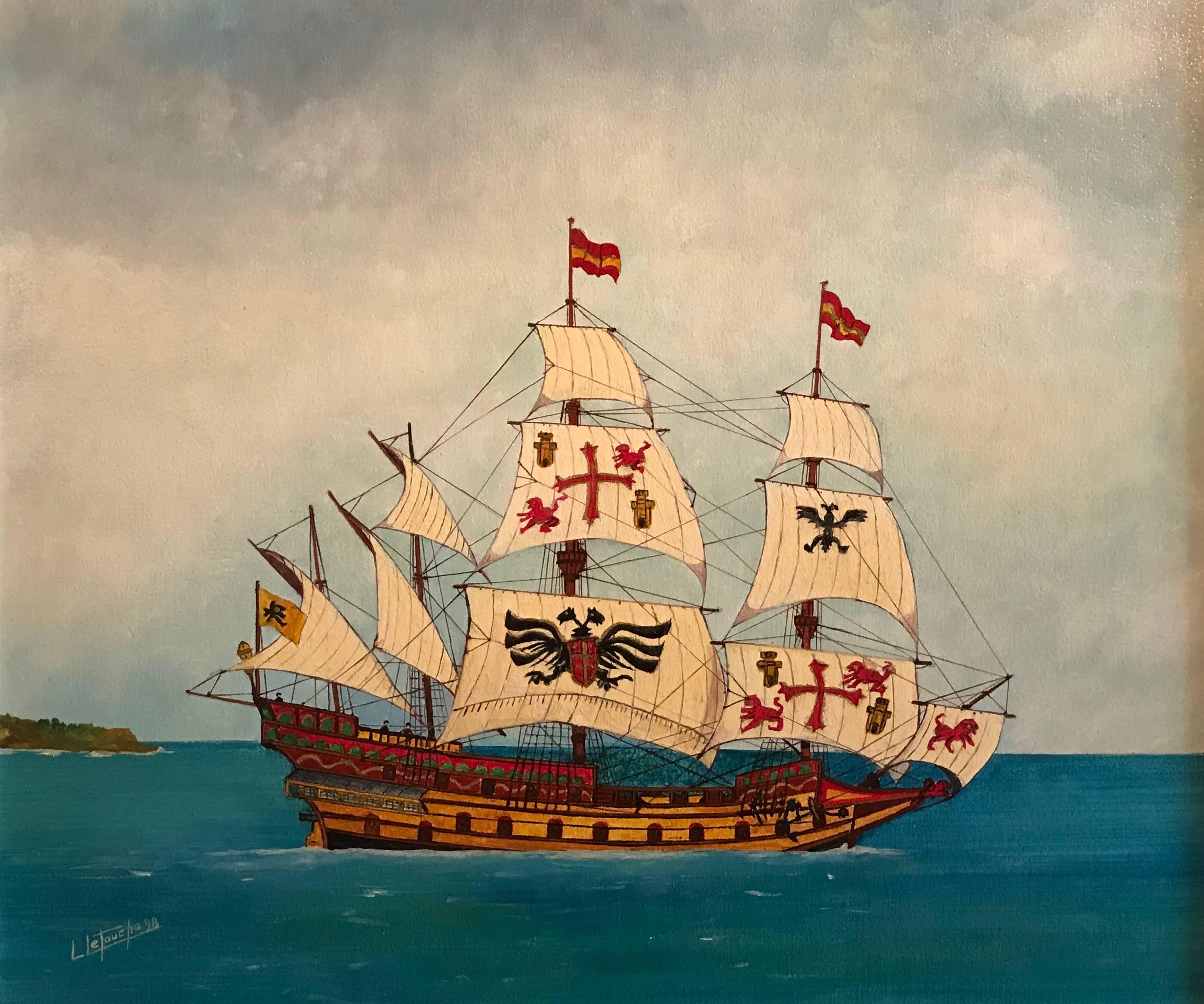 Louis Letouche Landscape Painting - The Spanish Galleon c.1540, fine ship painting. 