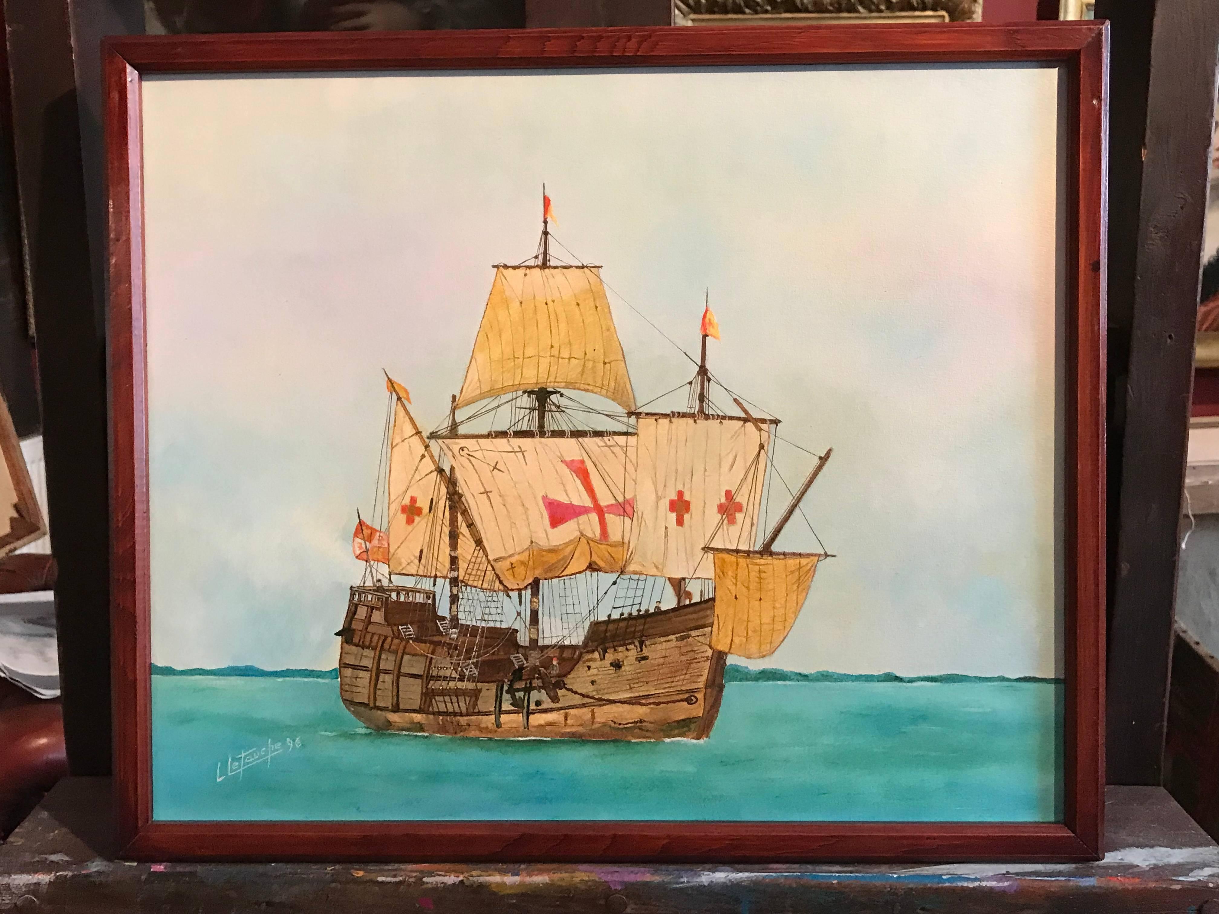The Santa Maria - Christopher Columbus's ship, signed oil painting - Painting by Louis Letouche