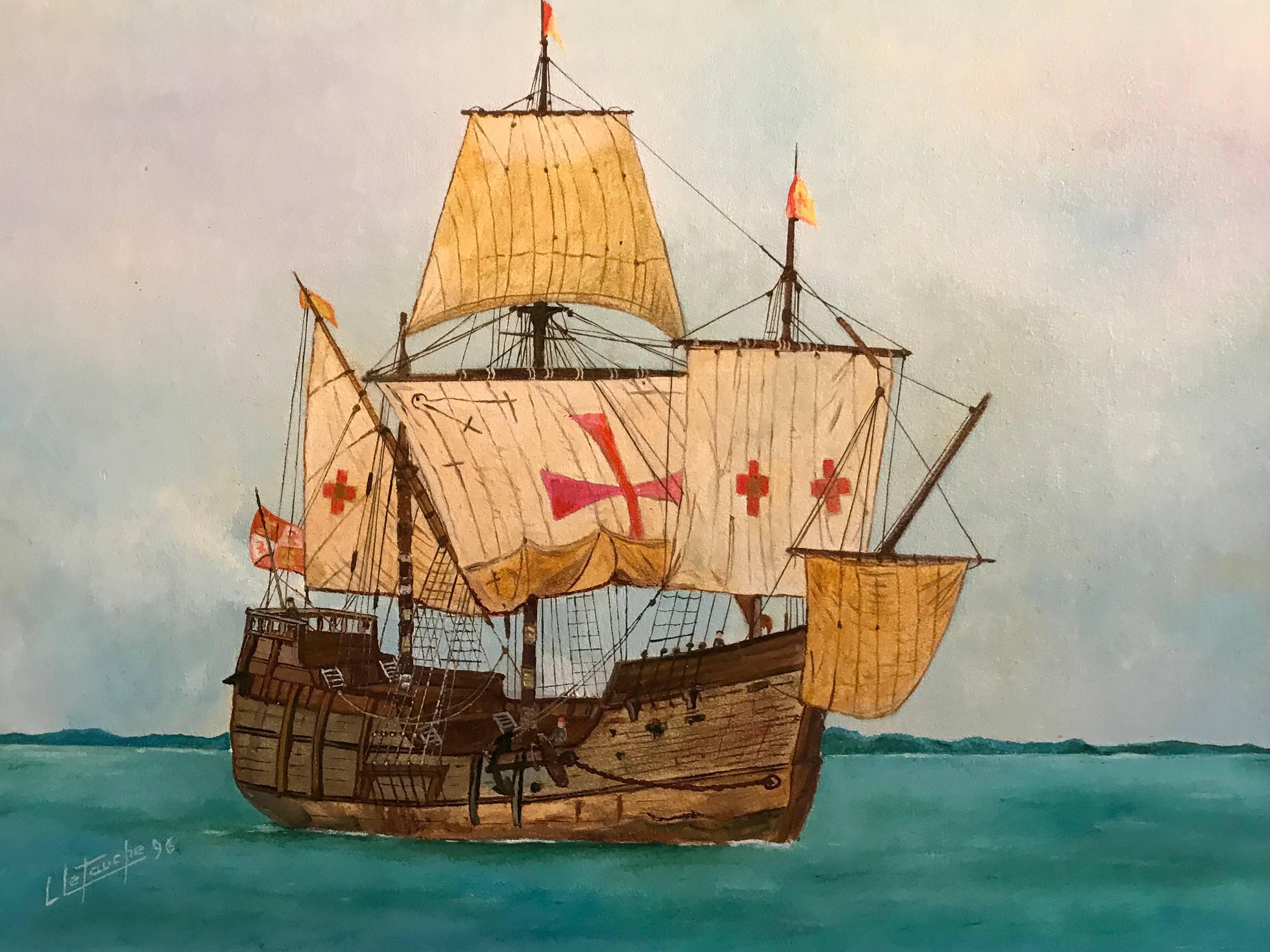 The Santa Maria - Christopher Columbus's Schiff, signiertes Ölgemälde (Realismus), Painting, von Louis Letouche