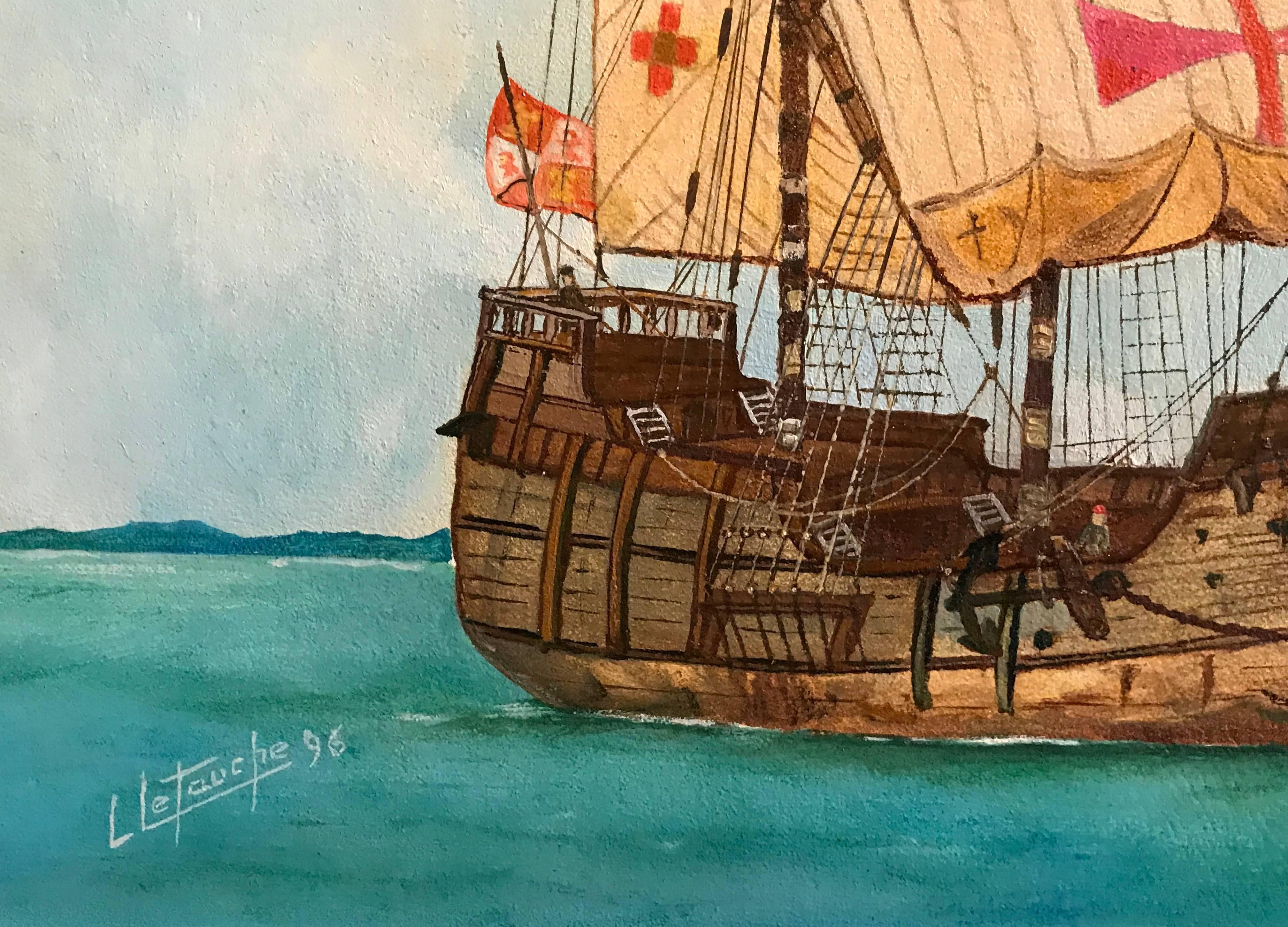The Santa Maria - Christopher Columbus's Schiff, signiertes Ölgemälde (Beige), Portrait Painting, von Louis Letouche