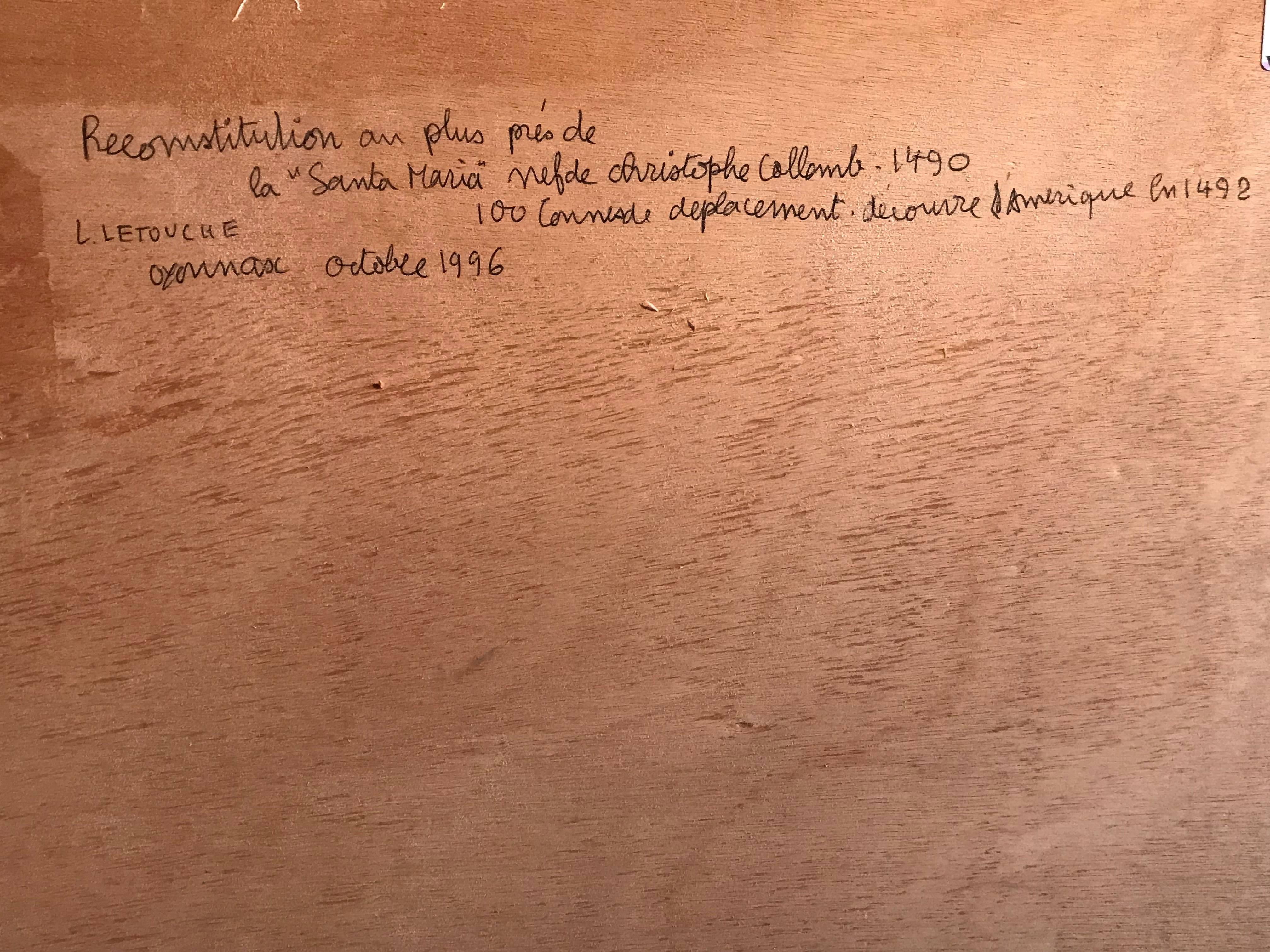 Die Santa Maria, 1490
von Louis Letouche (französisch 1924-2015)
Ölgemälde auf Leinen, auf Karton aufgespannt
gerahmt

Gerahmte Größe:  16 x 19 Zoll

Hervorragendes Ölgemälde des bekannten französischen Marinekünstlers Louis Letouche (1924-2015).