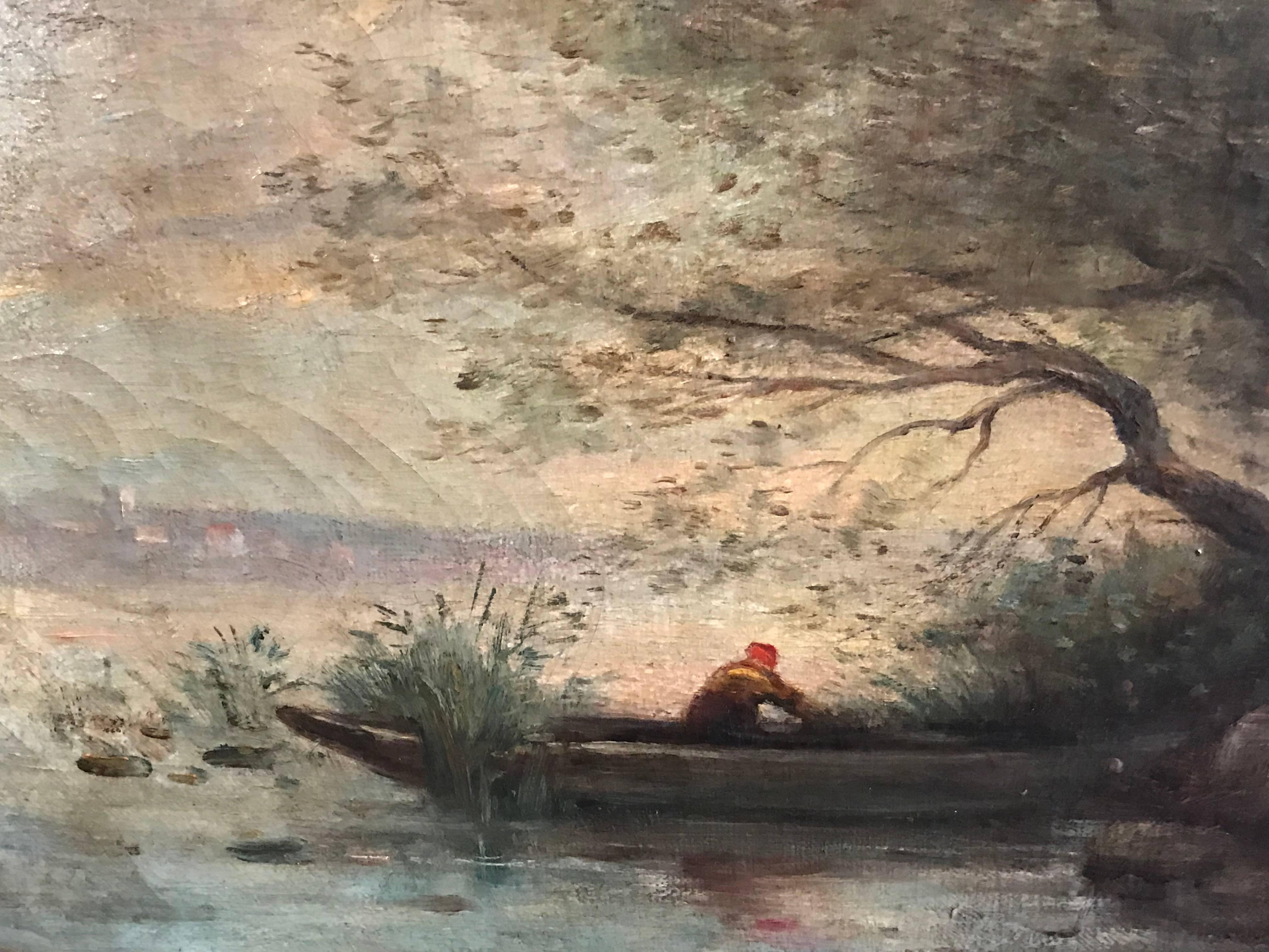 Dans le Bateau 
Cercle de la couronne baptiste Jean-Baptiste Camille Corot (1796-1875) 
avec plaque portant le nom «COROT » sur le cadre 
École française:: XIXe siècle 
Peinture à l'huile sur toile:: encadrée 
Toile : 9::5 x 13 pouces 
Encadré : 20