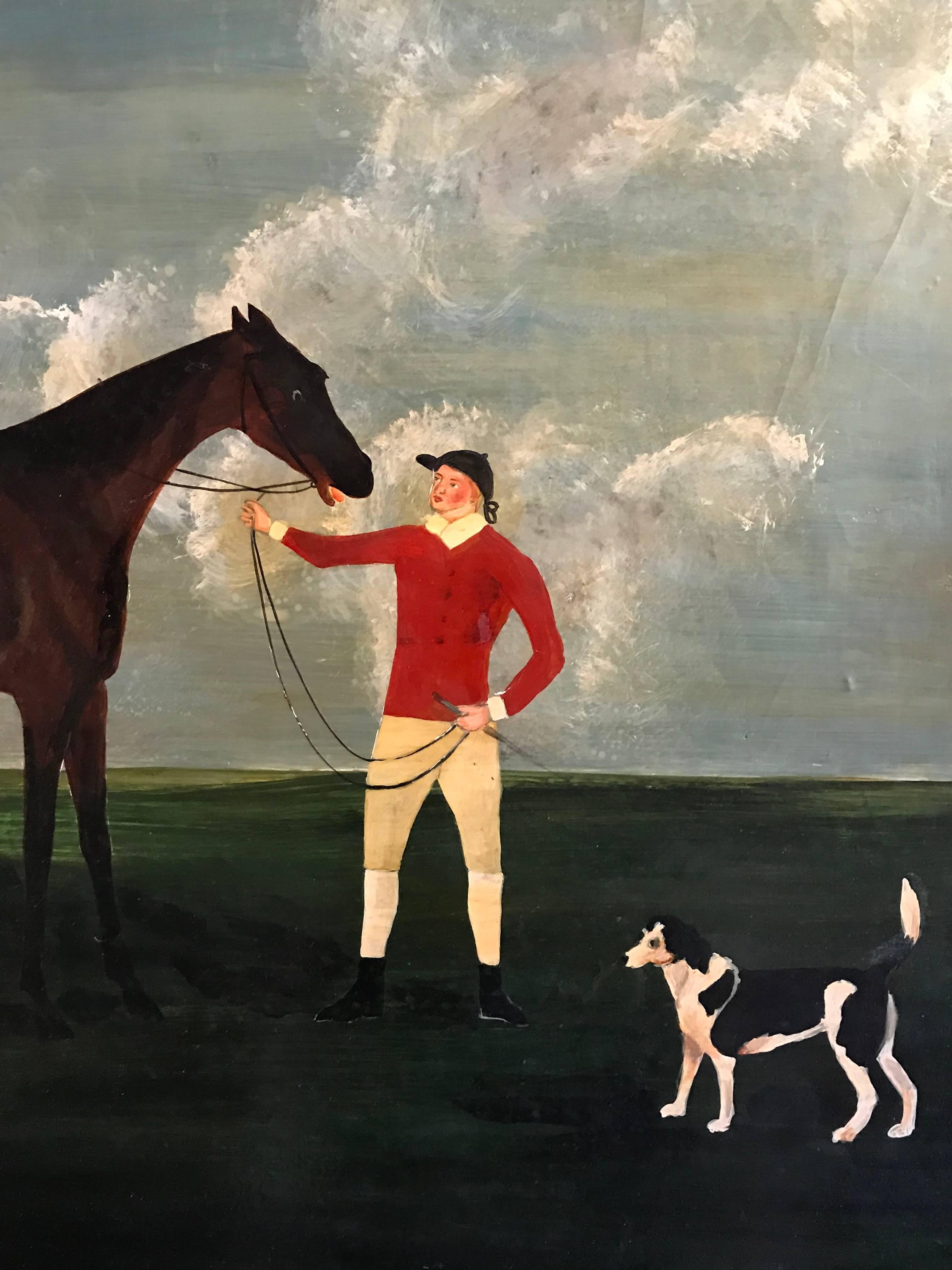 The Favourite Hunter
English School, mid 20th century
oil painting on board, framed
framed: 26 x 37 inches

Lovely English hunting scene oil painting, depicting a huntsman standing in an open landscape with his favourite hunter and hounds. The