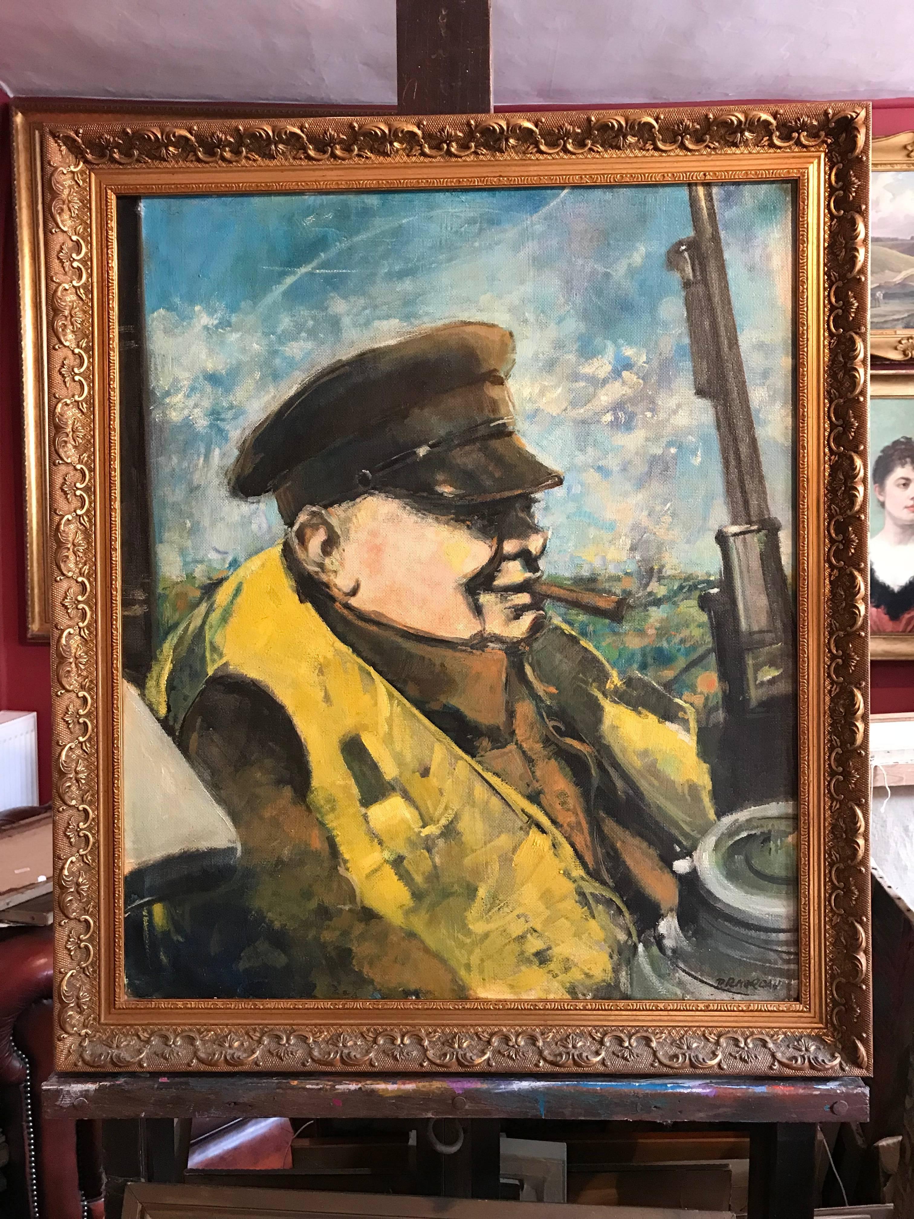 Winston Churchill Portrait on WW2 Battleship, signed oil painting - Painting by Unknown