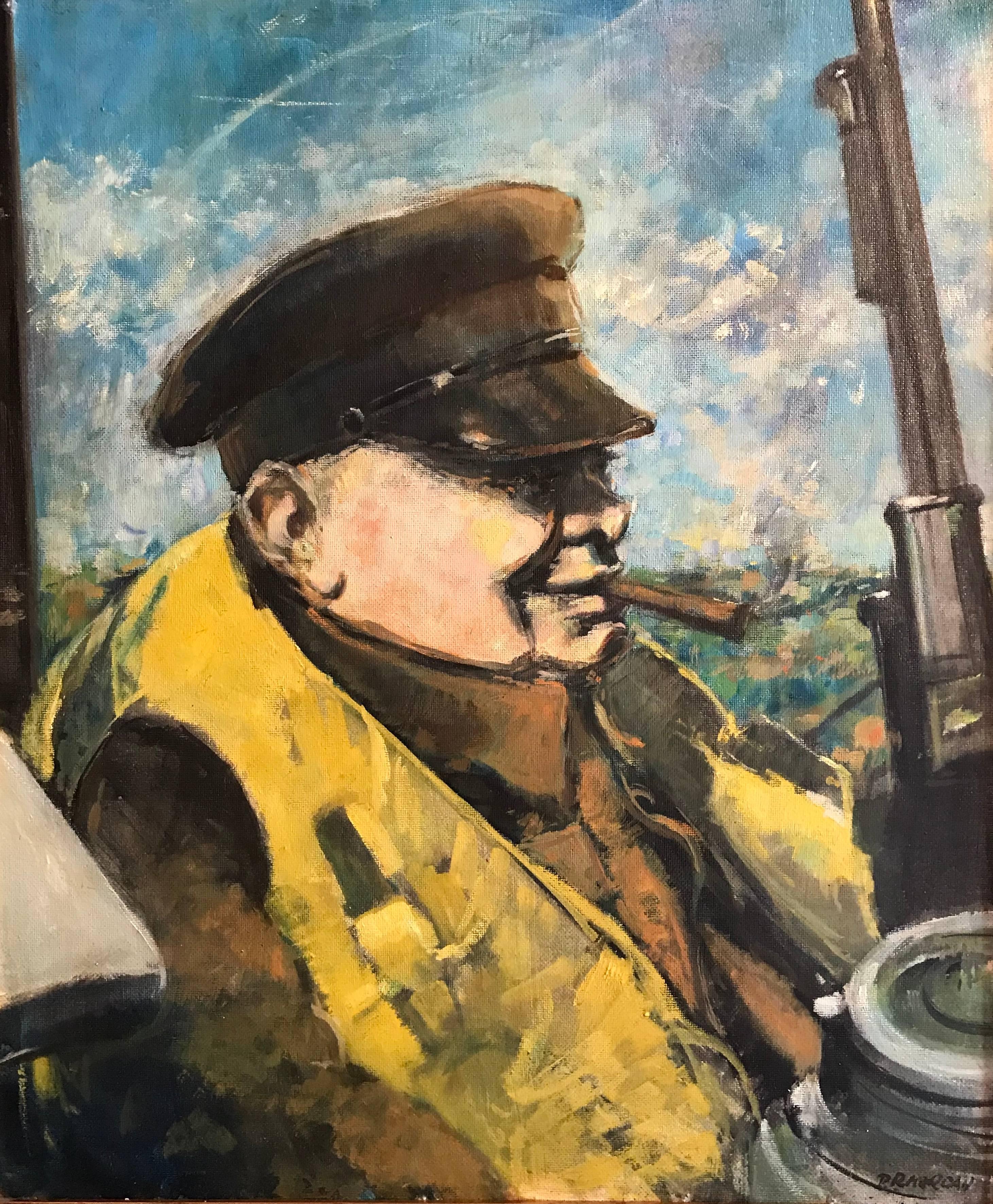 Unknown Figurative Painting - Winston Churchill Portrait on WW2 Battleship, signed oil painting