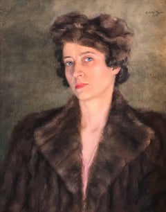 Portrait of Fashionable Lady in Fur Jacket, vintage French painting