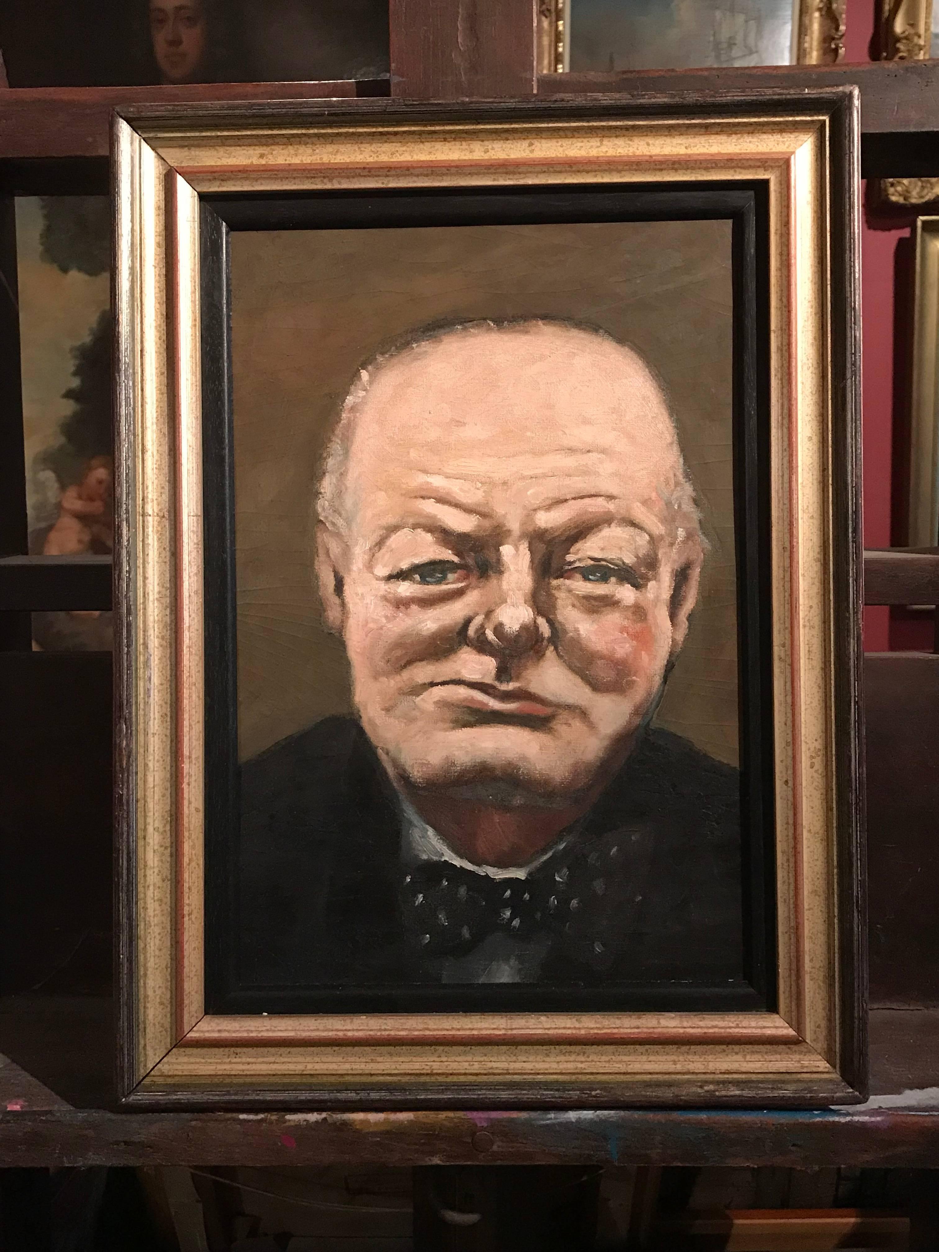 Winston Churchill Portrait, period oil painting - Painting by S. Maud