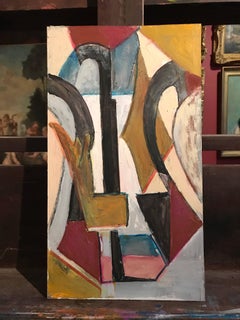 Peinture à l'huile cubiste française abstraite, signée
