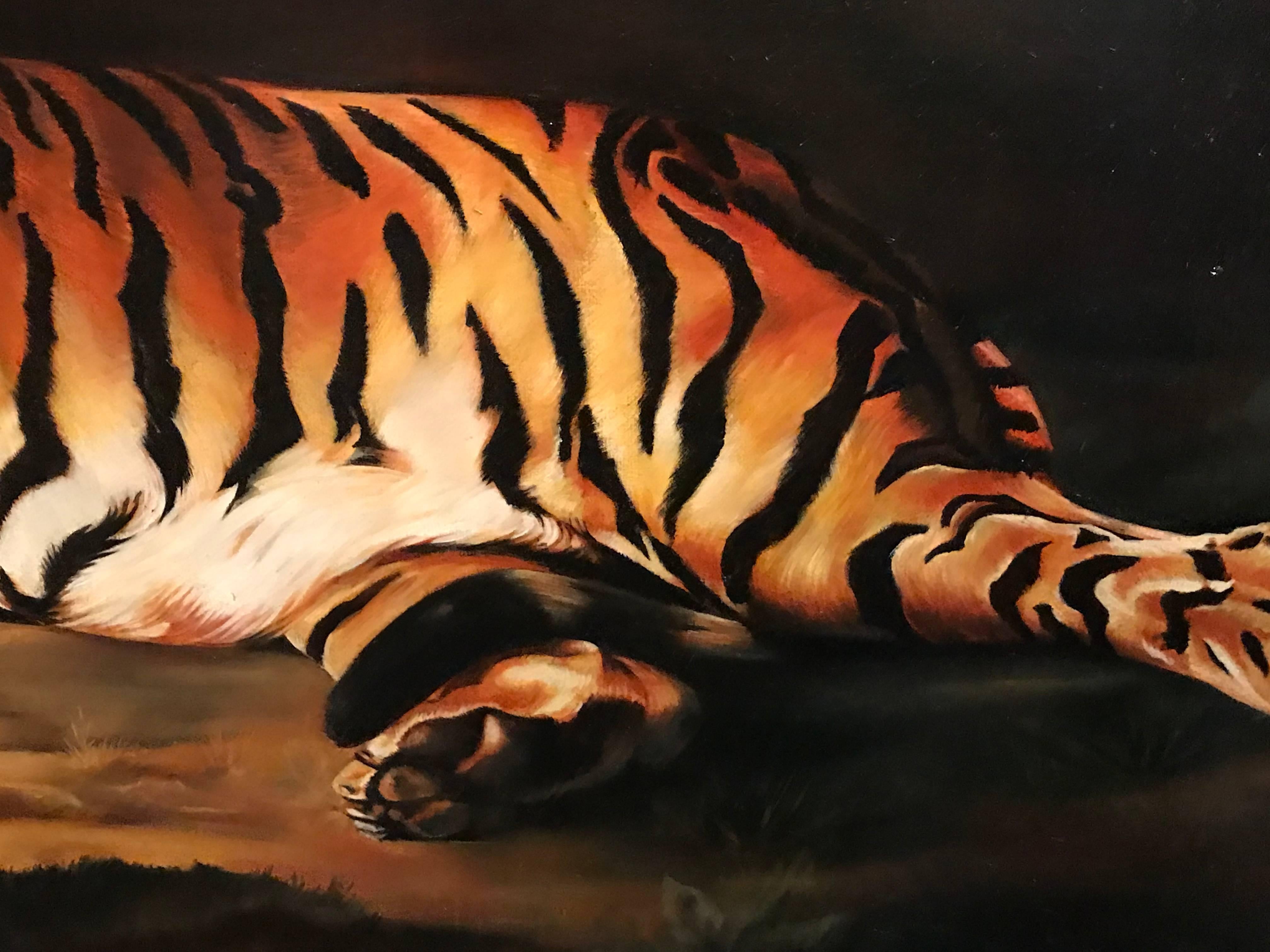 The Bengal Tiger
British School, circa 1980's
after George Stubbs
oil painting on canvas, framed

framed: 26 x 50 inches

Stunning oil painting on canvas, painted on a huge scale (the frame measures 26 x 50 inches) depicting this majestic Bengal