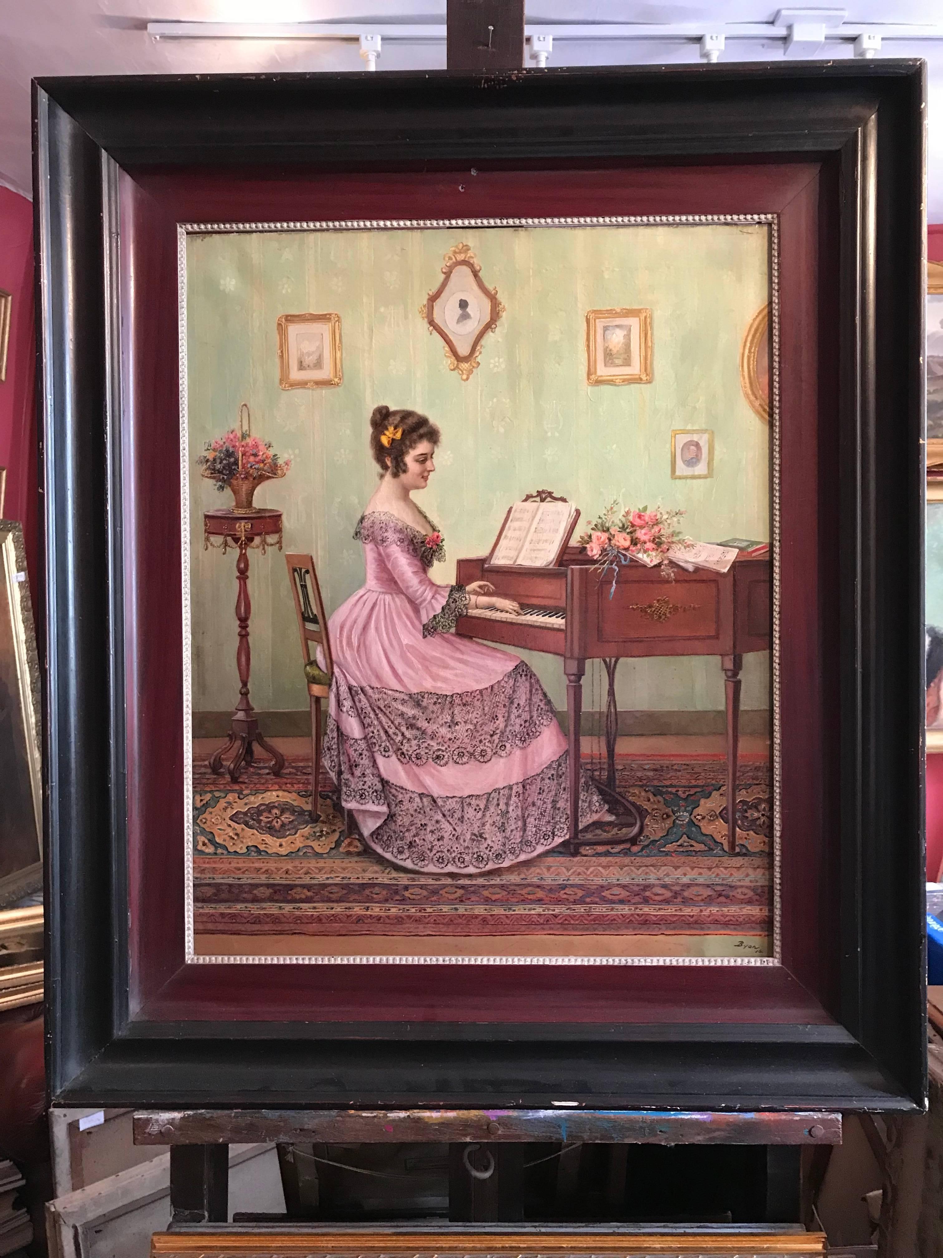 Elegant Lady in Parlour Playing Piano, French signed & dated 1916, Fine oi - Painting by French Belle Epoque