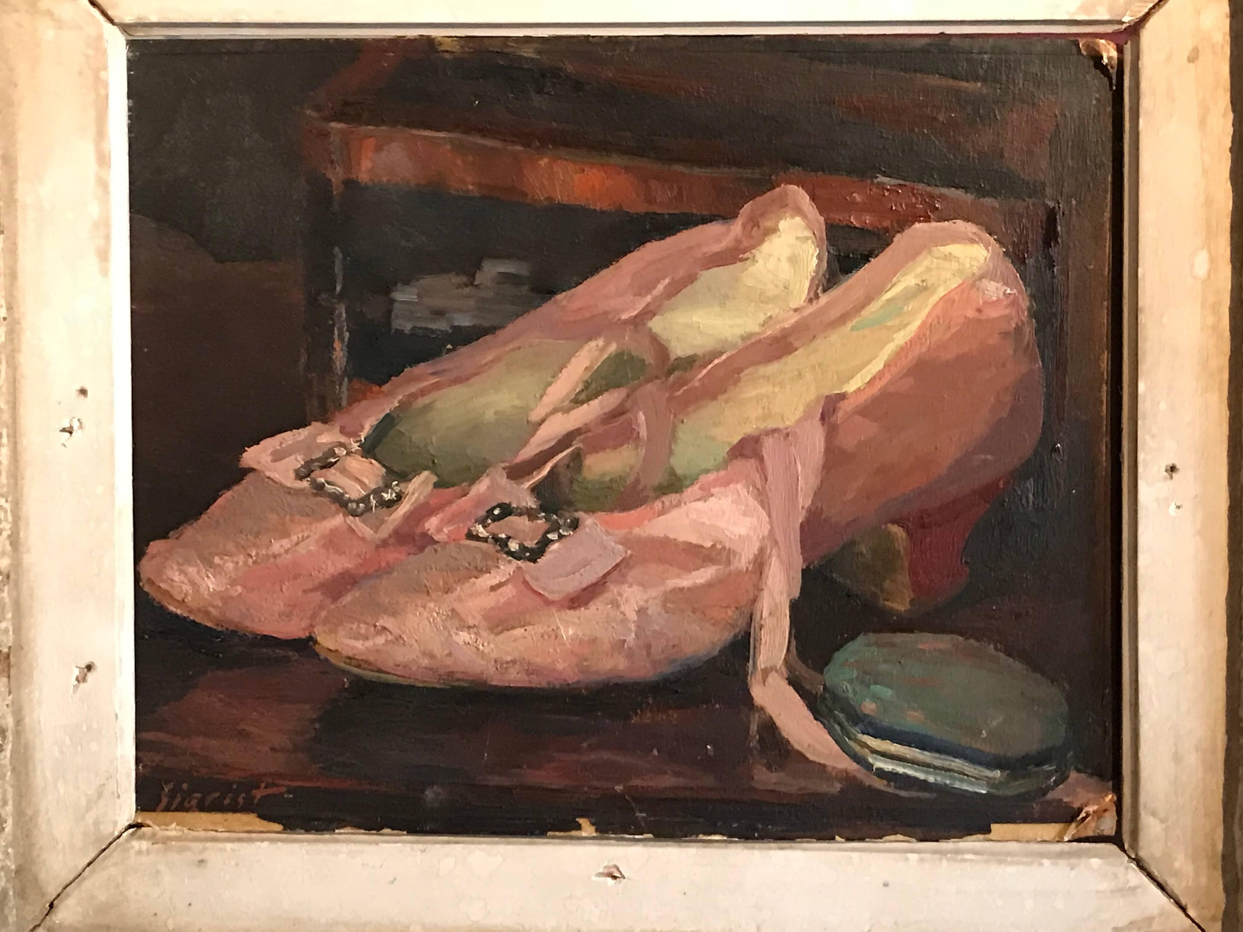 The Pink Satin Shoes - Authentic French Impressionist Oil Painting - Black Figurative Painting by Edmond Sigrist