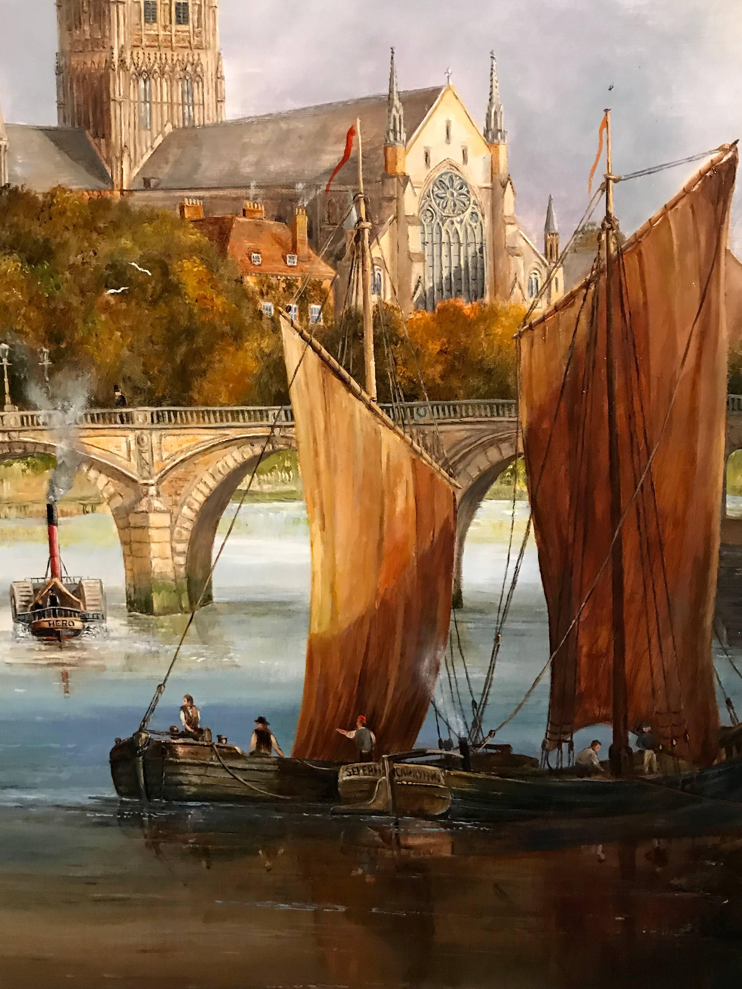 Worcester Bridge & Cathedral, Fine Oil Painting on Canvas - Brown Landscape Painting by John Sinclair-Black