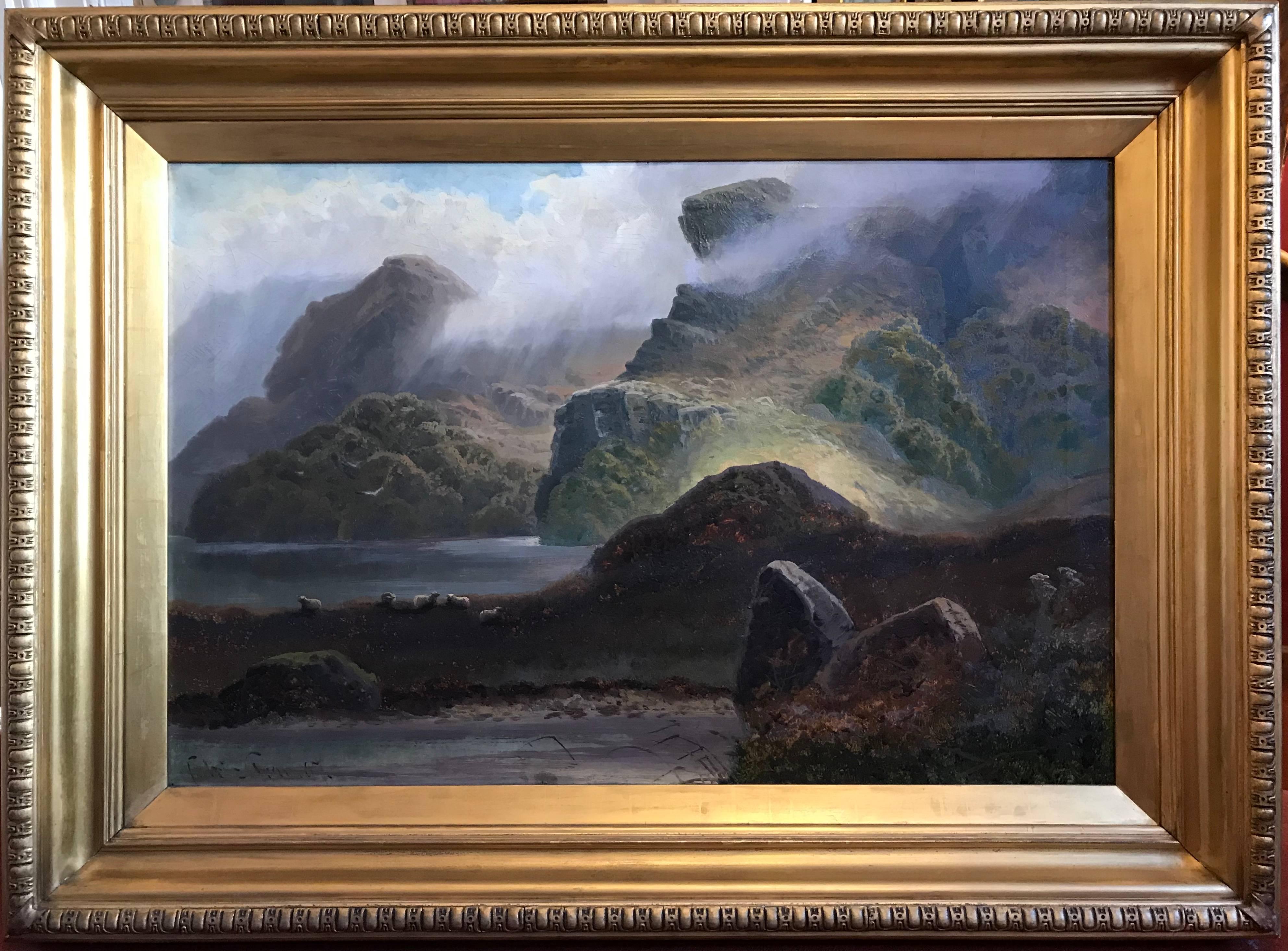 Landscape Painting Cedric Gray - Grand paysage écossais du 19ème siècle Glen Atmospheric avec moutons broutant:: huile signée