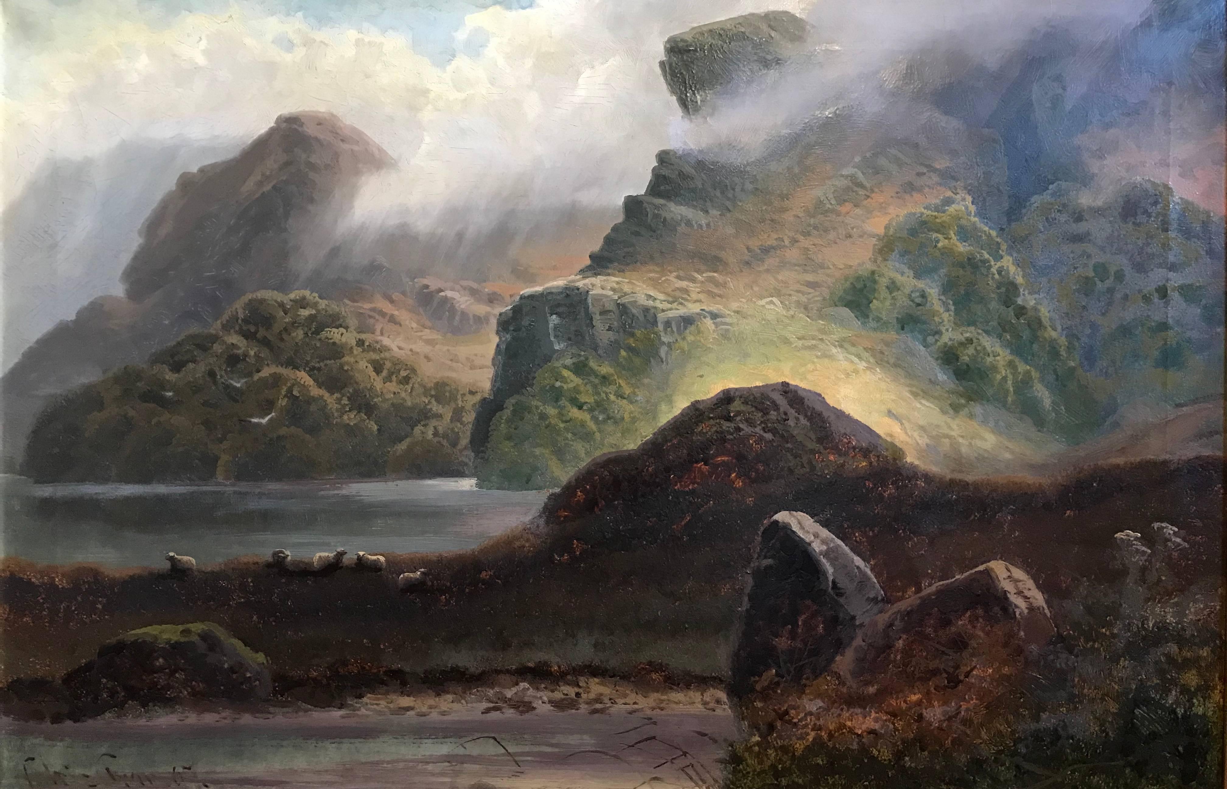 Grand paysage écossais du 19ème siècle Glen Atmospheric avec moutons broutant:: huile signée - Painting de Cedric Gray
